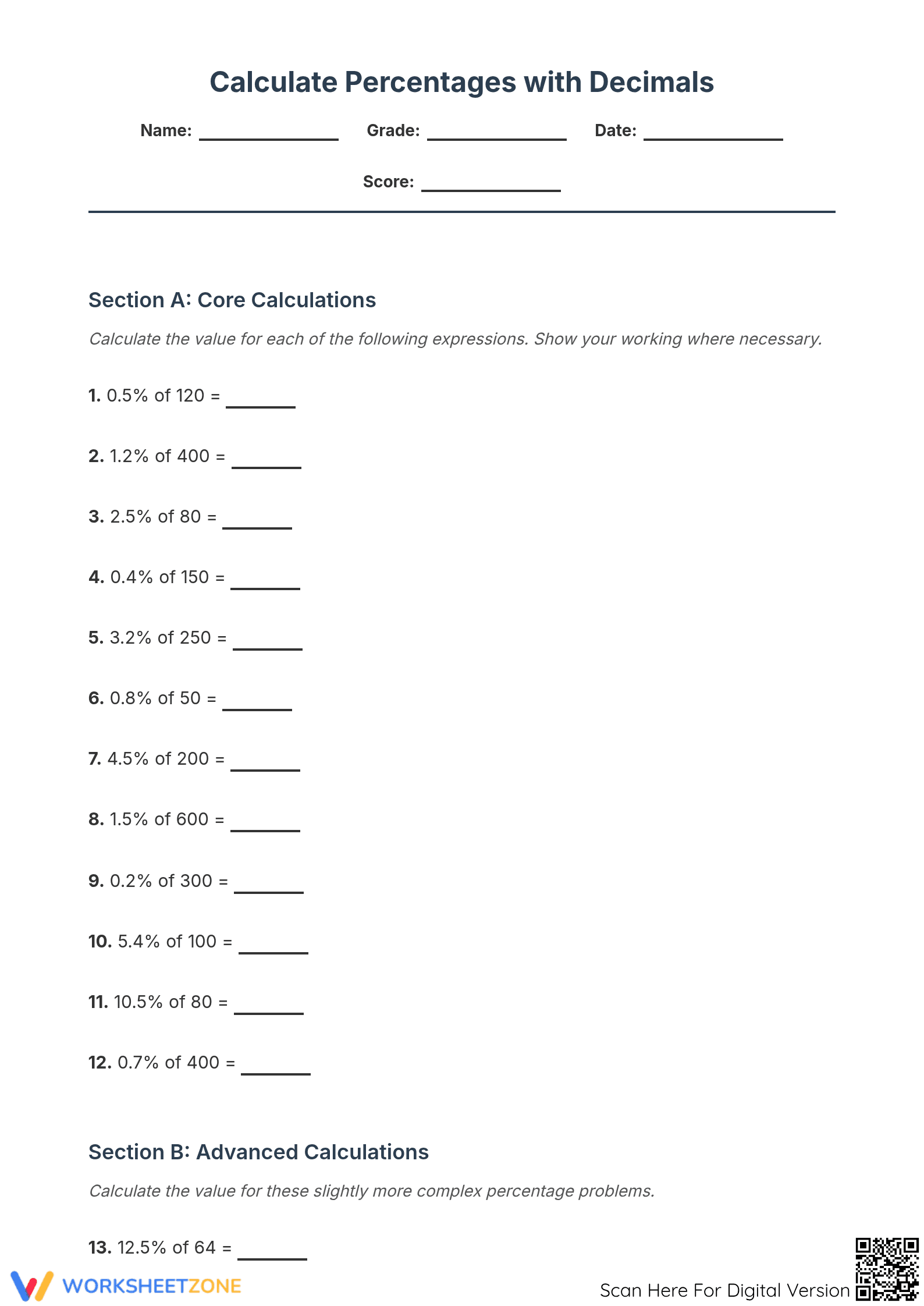 Essential Percentages with Decimals Worksheet | Grade 6 Math - Page 1
