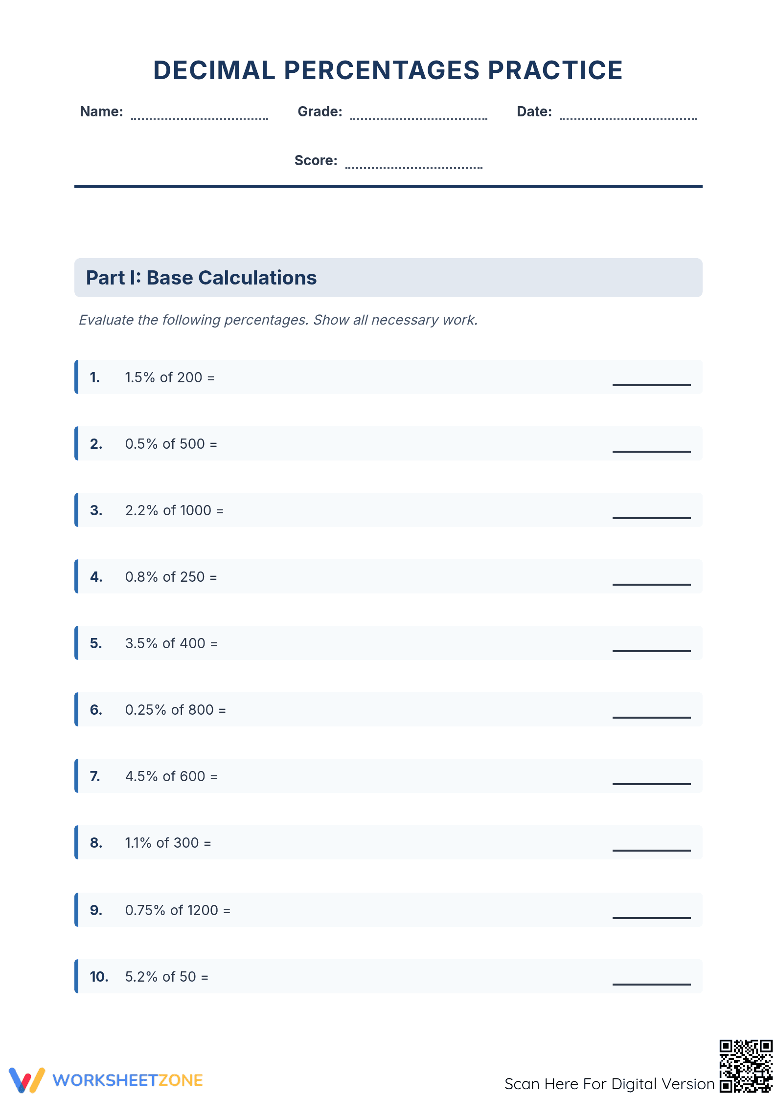 Essential Decimal Percentages Worksheet | Grade 6 Math - Page 1