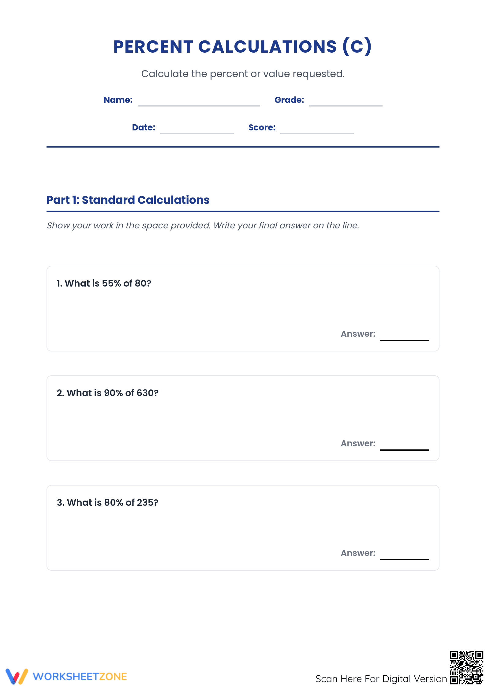 Essential Percent Calculations Worksheet | Grade 6 Math - Page 1