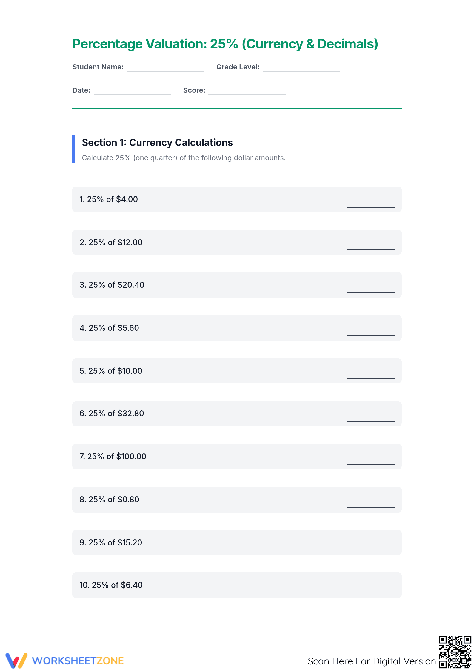 Printable 25% Percent Worksheet | Grade 6 Math Essential - Page 1