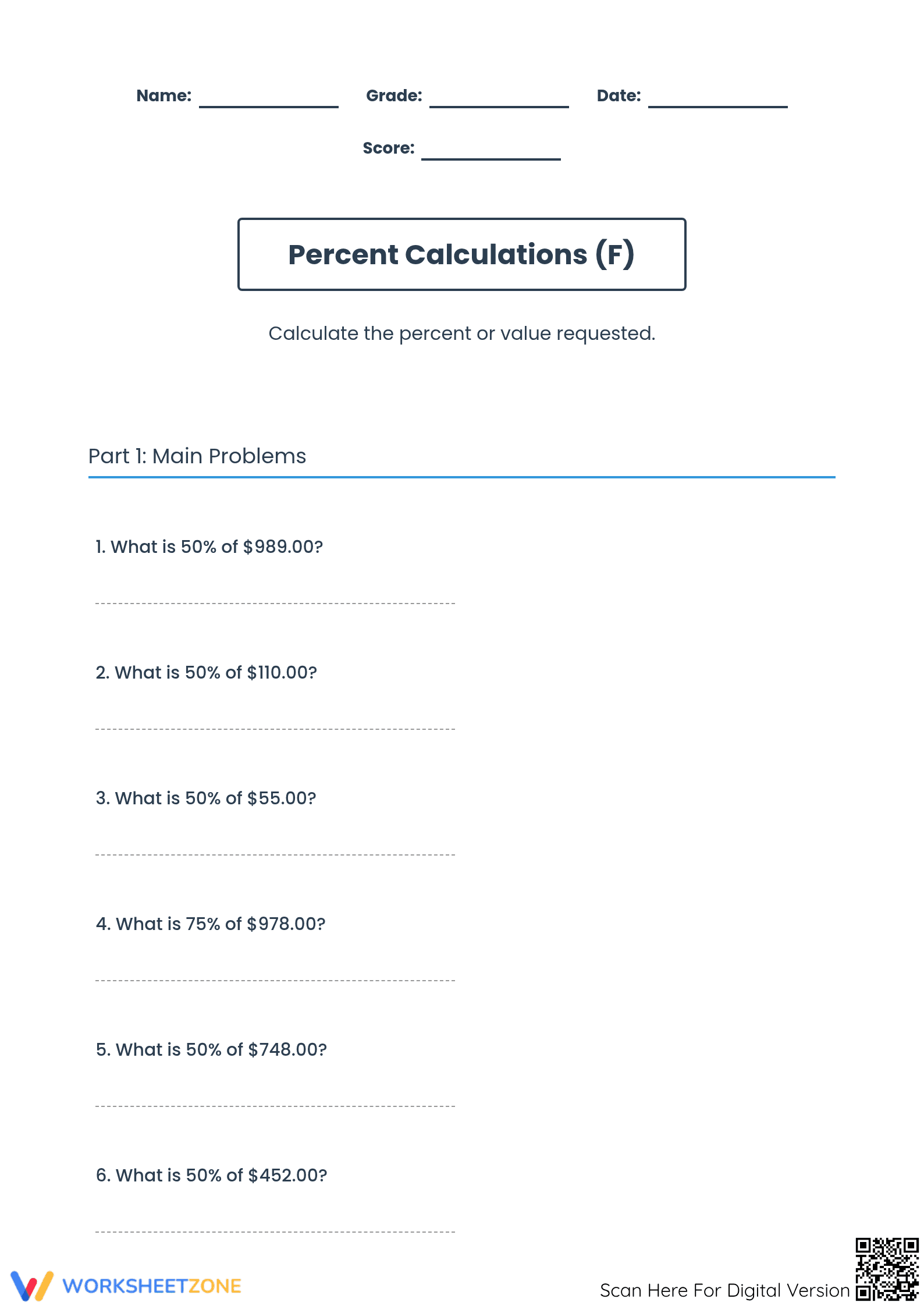 Essential Percent of Currency Worksheet | Grade 6 Math - Page 1