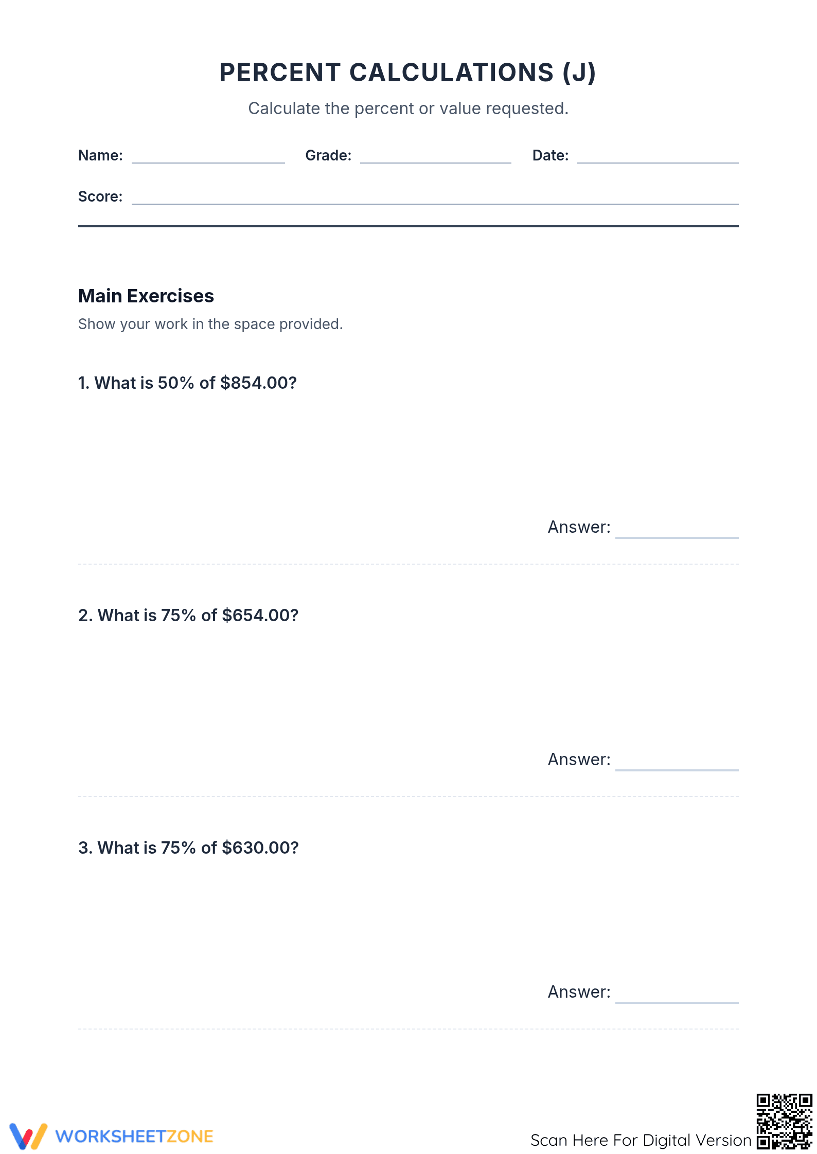 Printable Money Percentages Worksheet | Grades 4-10 Math - Page 1