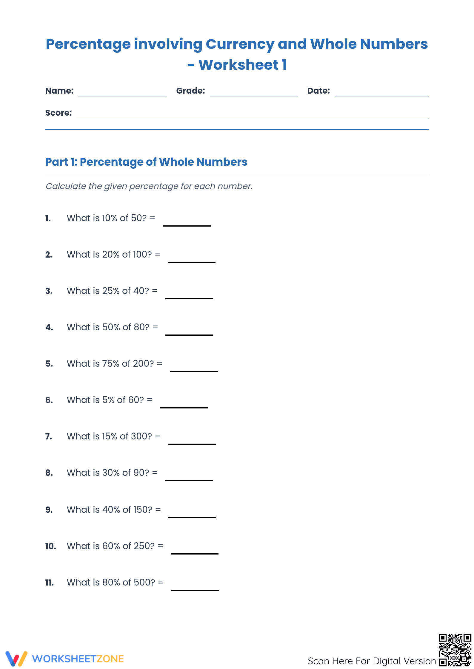 Essential Percentage Worksheet: Currency & Whole Numbers - Page 1