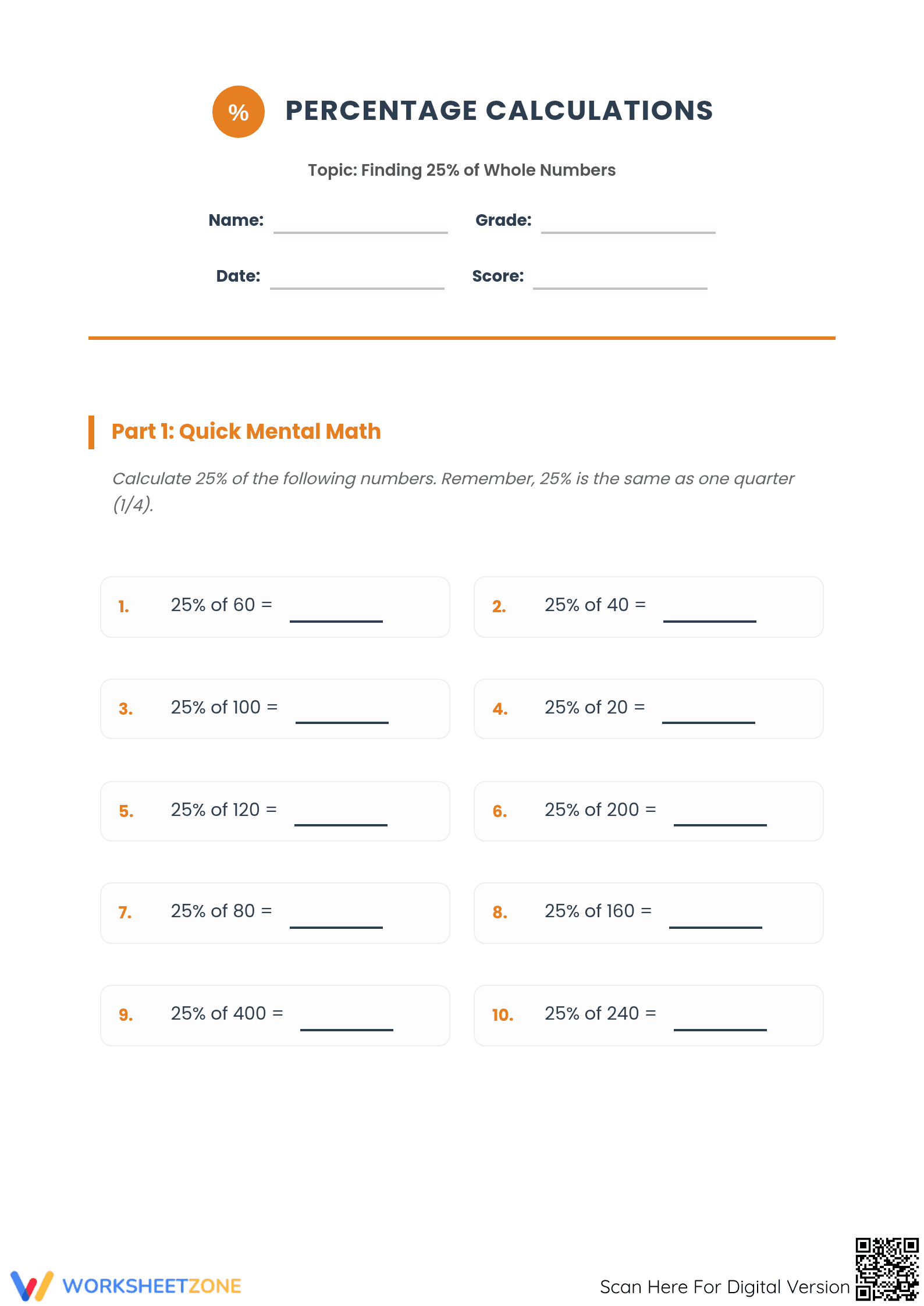 Essential 25% Percentage Worksheet | Grade 6 Math - Page 1