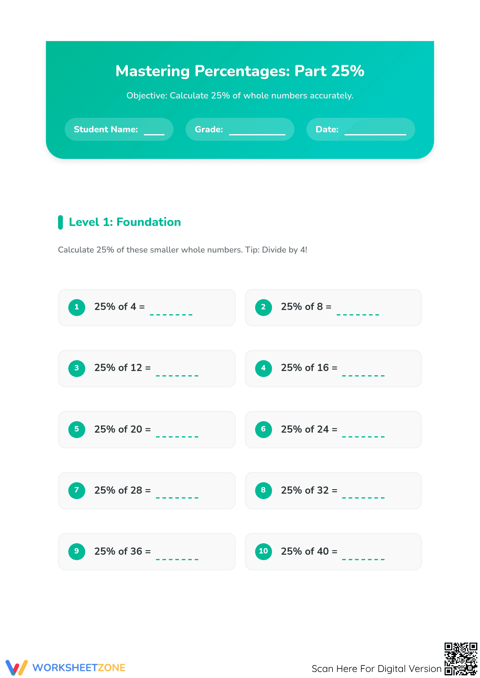 Calculate 25% of Whole Numbers Worksheet | Essential Math - Page 1