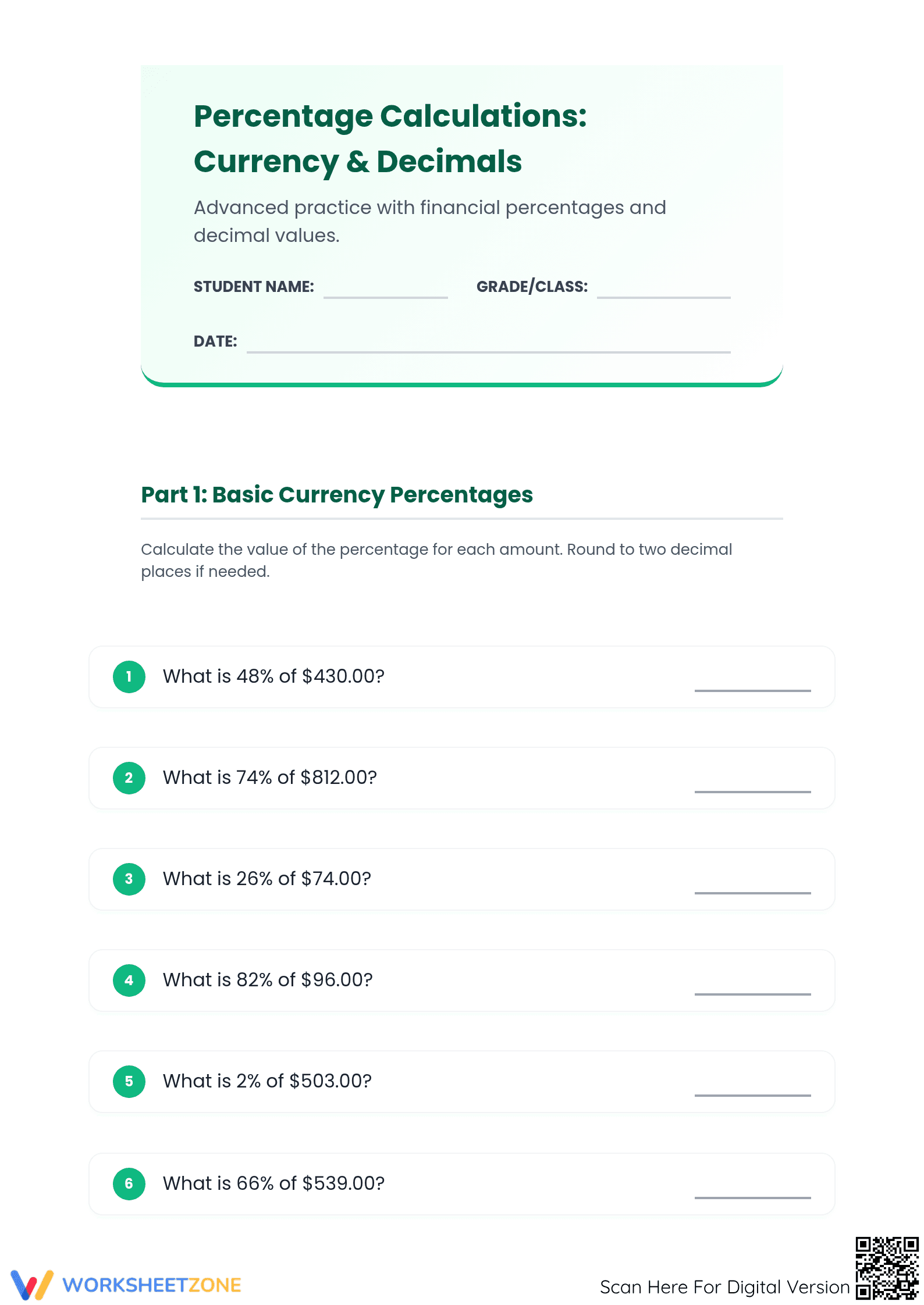 Printable Financial Percentage Worksheet | Grade 7 Essential - Page 1