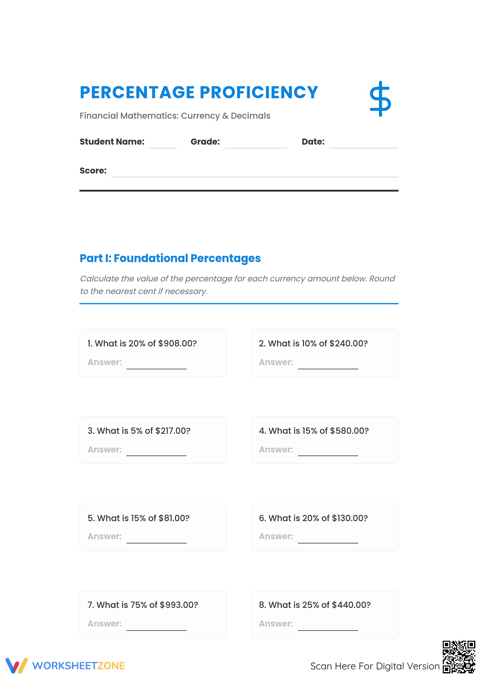 Essential Percentage & Currency Practice Worksheet | Grade 7 - Page 1