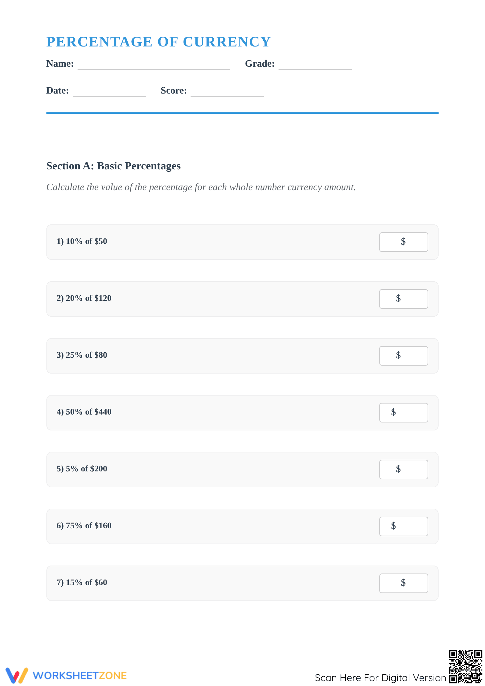 Grades 4-8 Money Percentages — Printable No-Prep Worksheet - Page 1