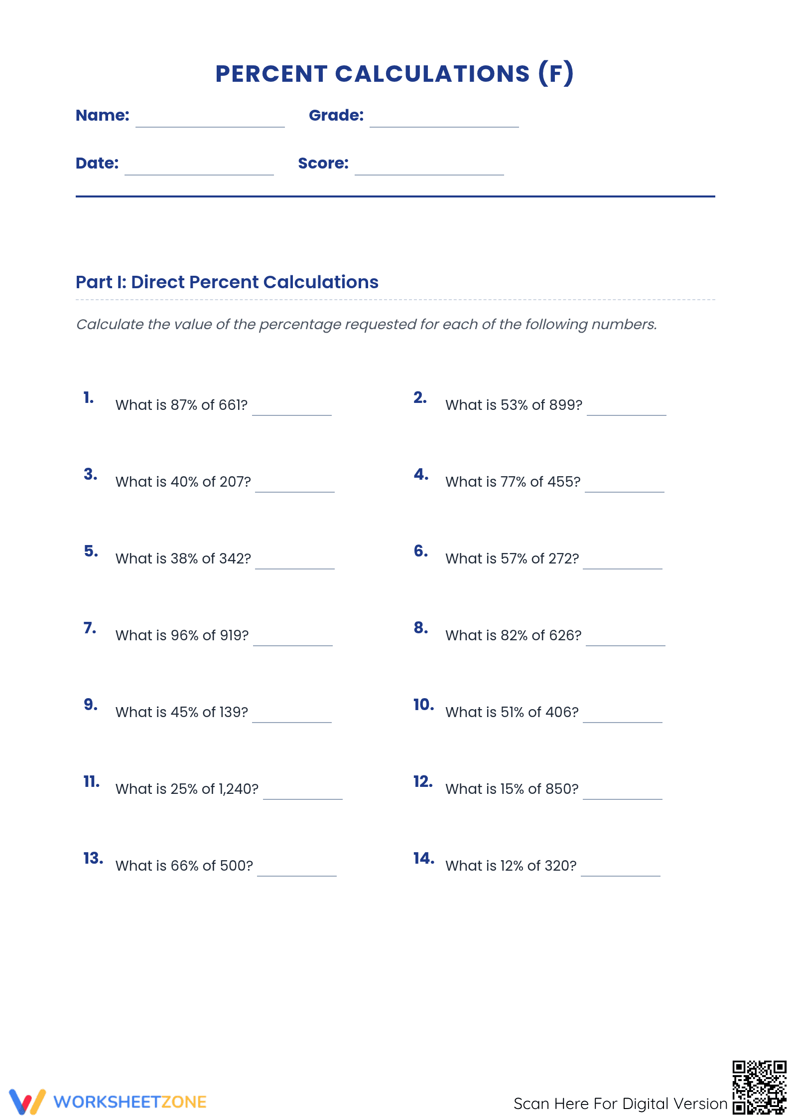 Essential Percentage Calculations Worksheet | Grade 6 Math - Page 1