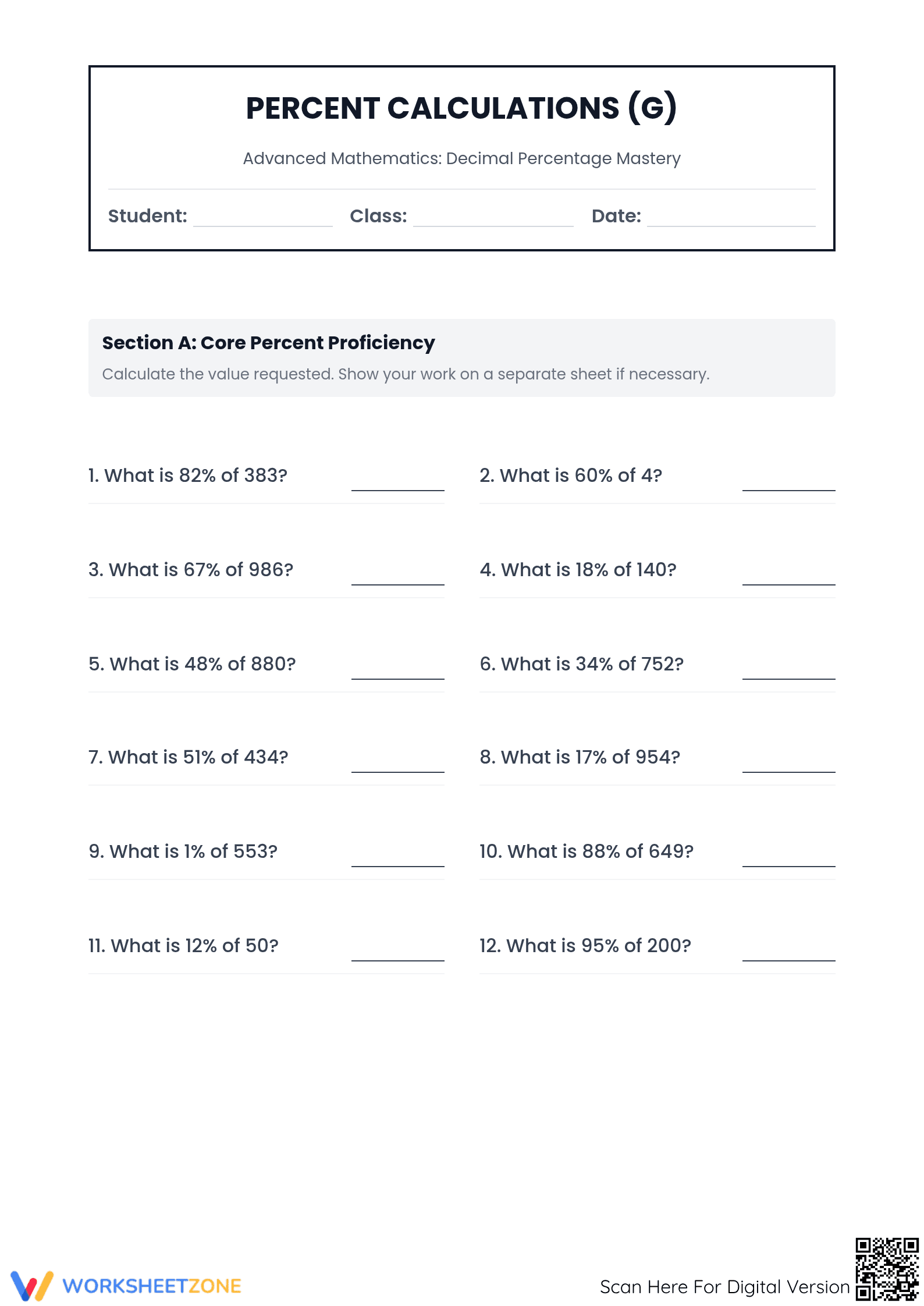 Essential Percent Calculations Worksheet | Grade 7 Math - Page 1