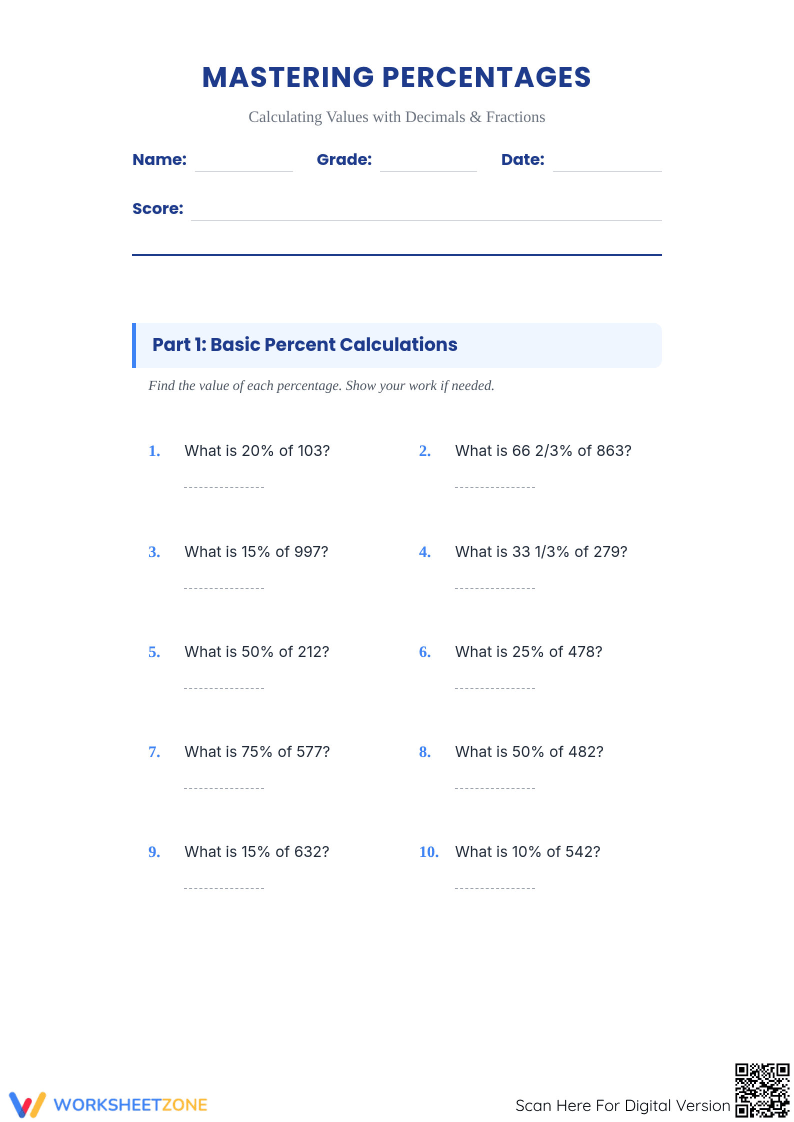 Printable Mastering Percentages Worksheet | Grade 7 Math - Page 1