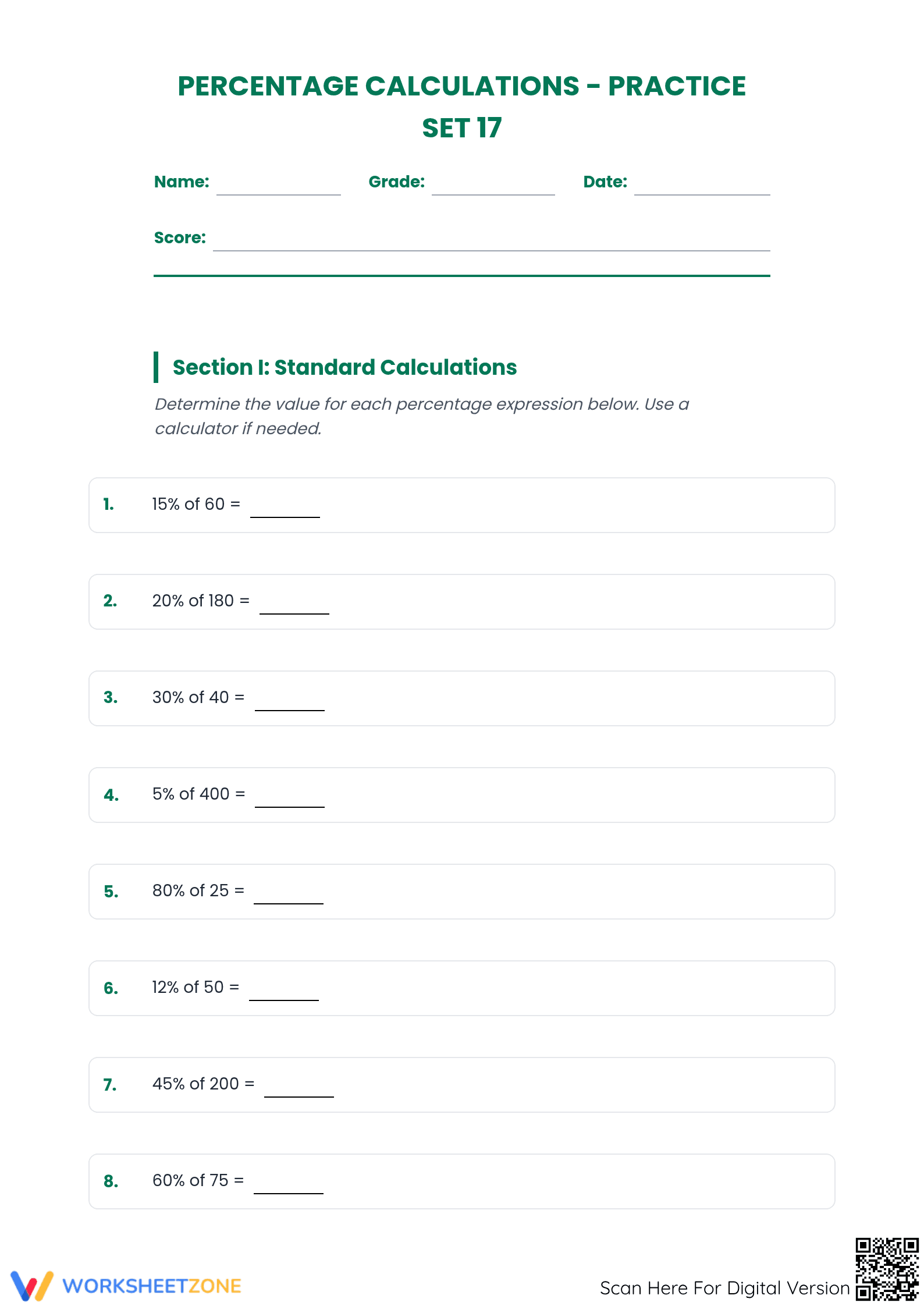Essential Percentage Calculations Worksheet | Grade 6 Math - Page 1