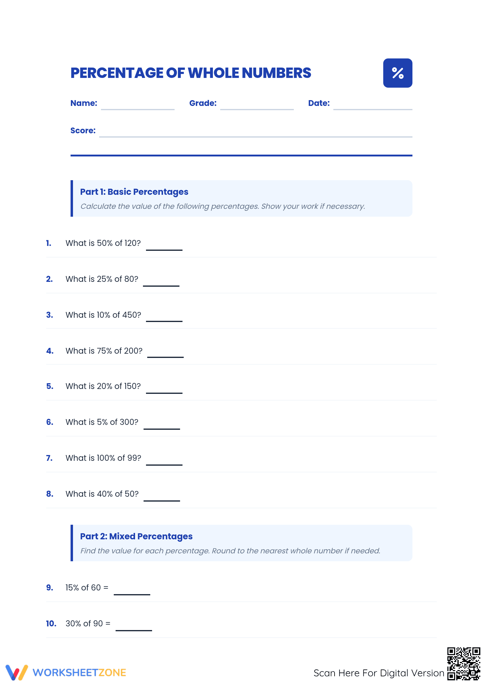 Printable Grade 6 Math Worksheet: Percentage of Whole Numbers - Page 1