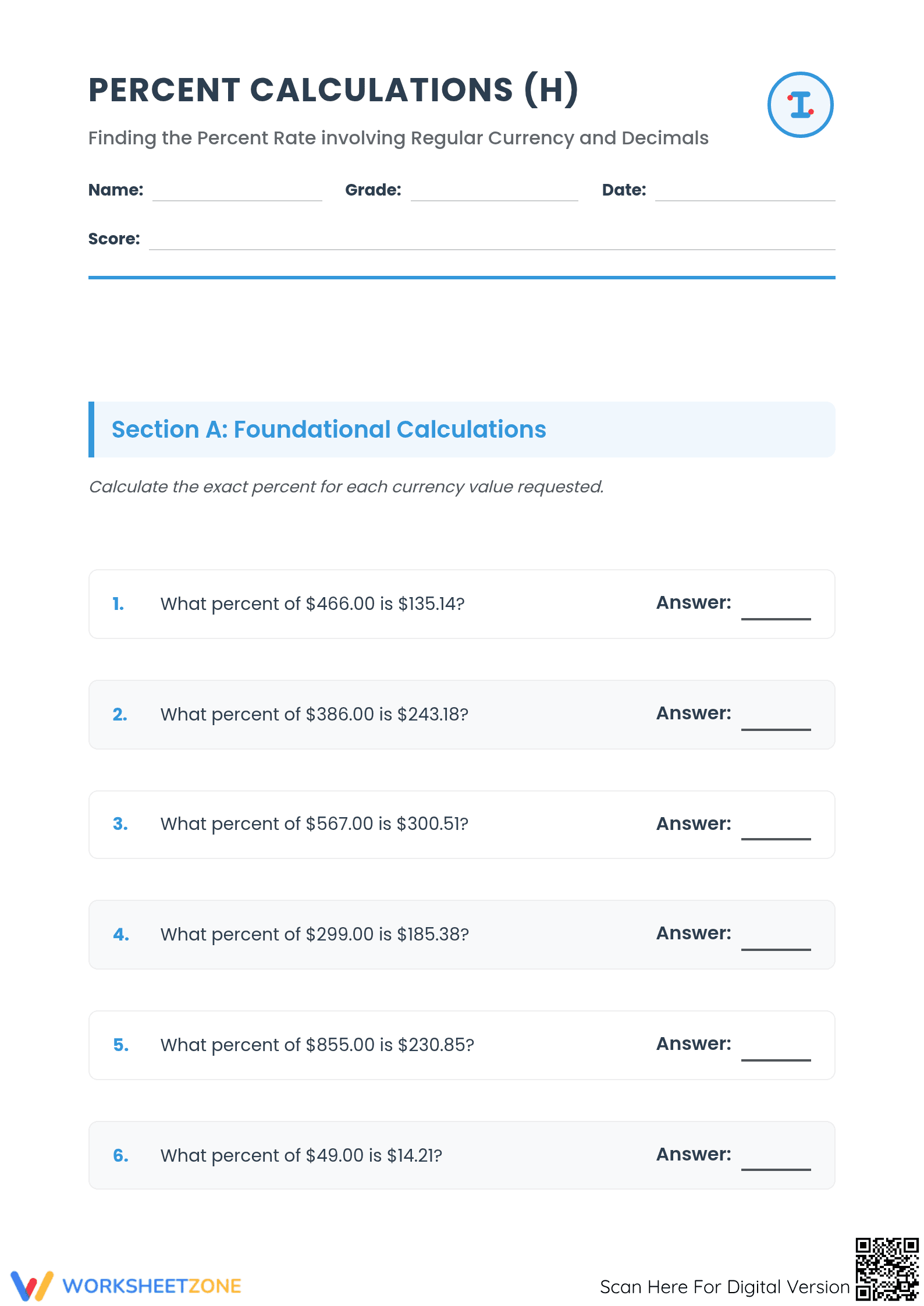 Essential Percent Rate Calculation Worksheet | Grades 6-8 - Page 1