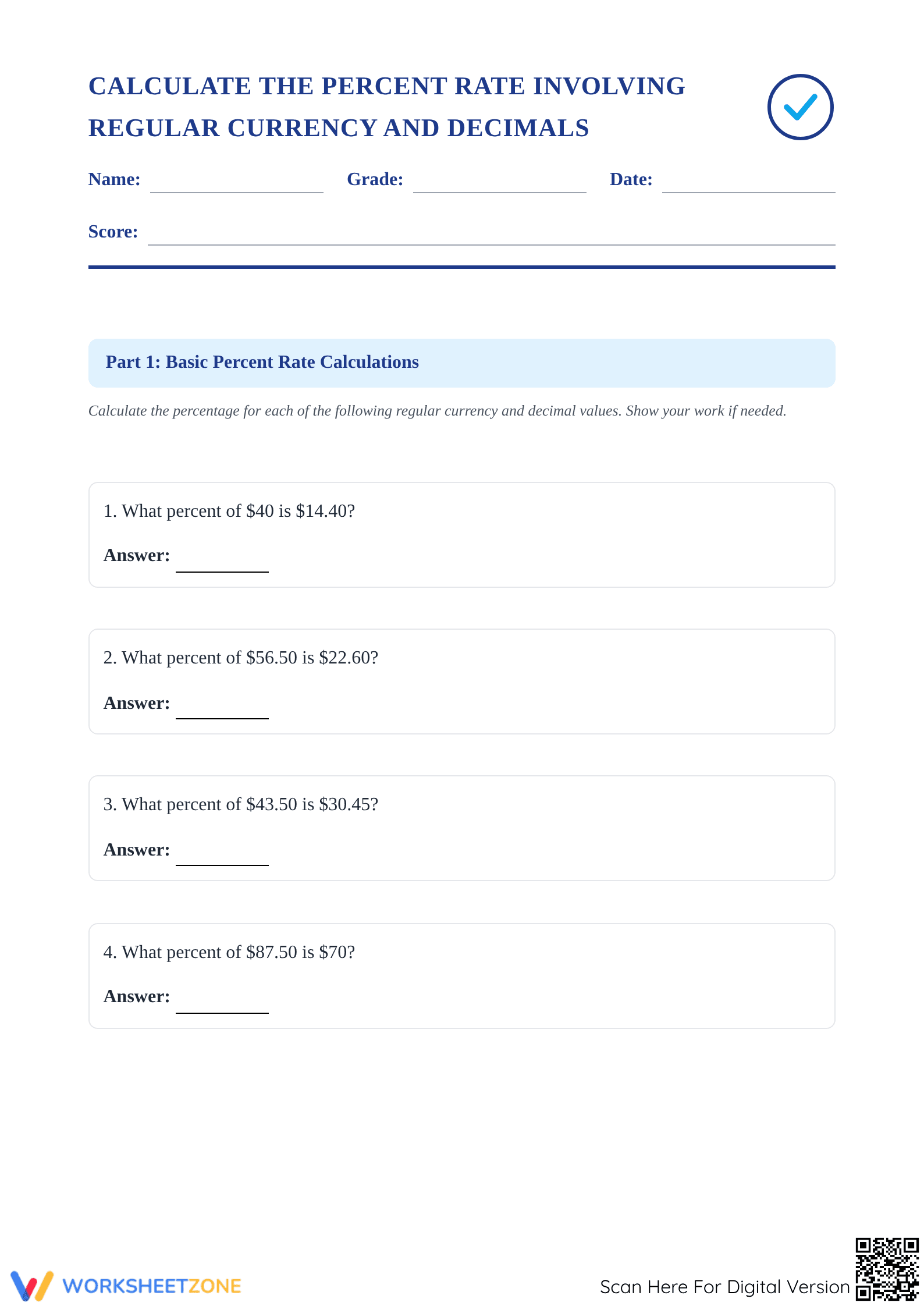 Printable Percent Rate Math Worksheet | Grade 6-8 Aligned - Page 1