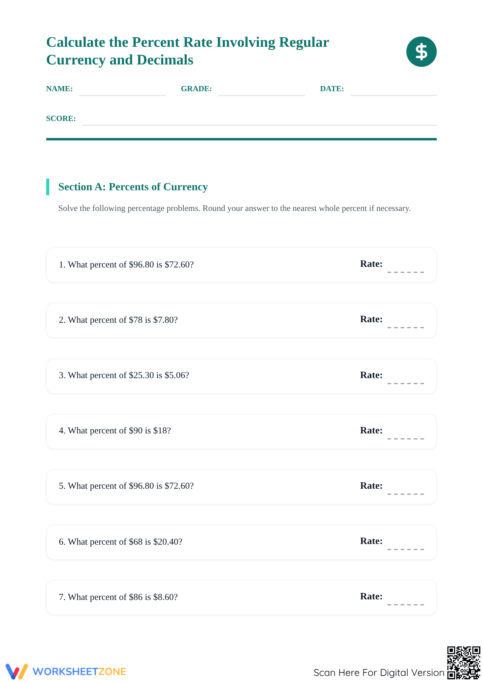 Essential Percent Rate Worksheet | Grades 4-8 Math - Page 1