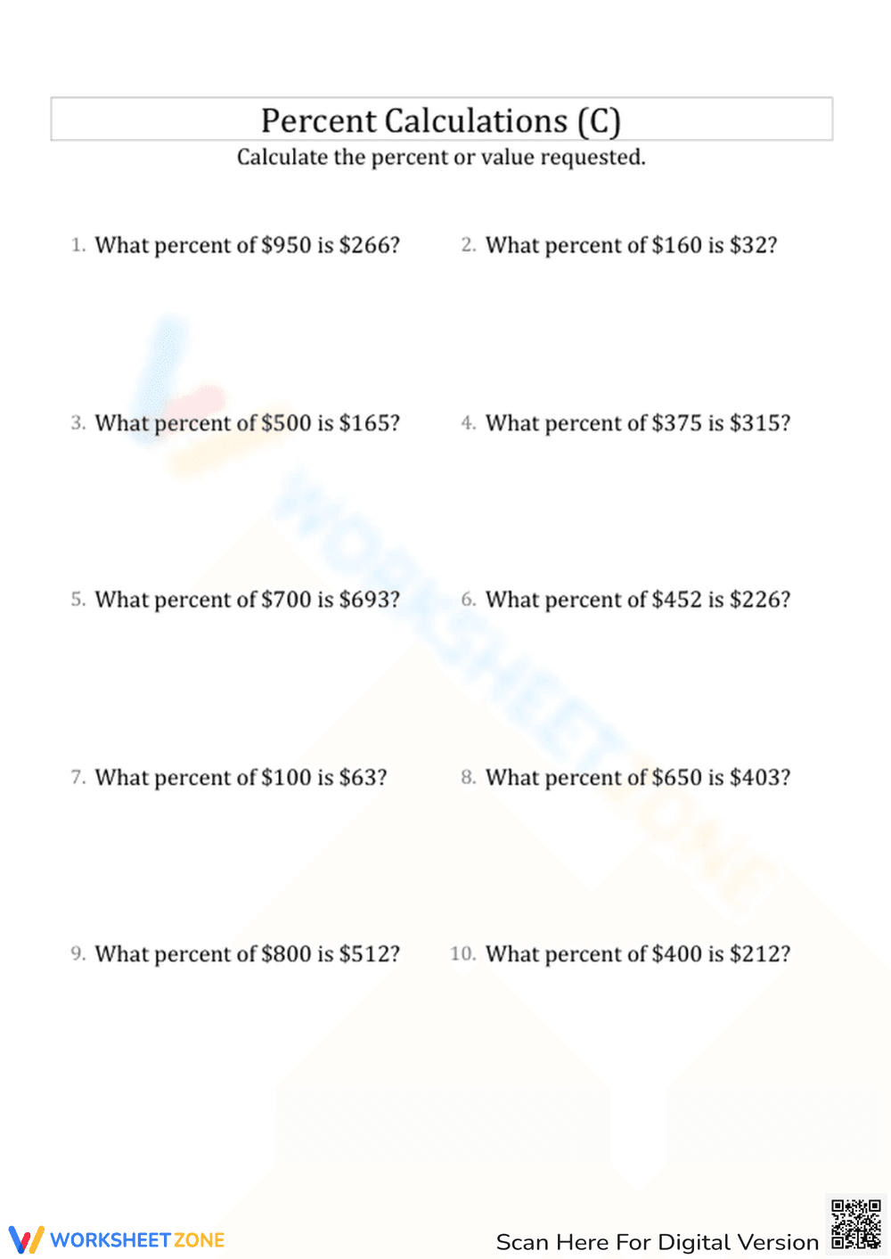 Percent Calculations Practice Worksheet - Page 1