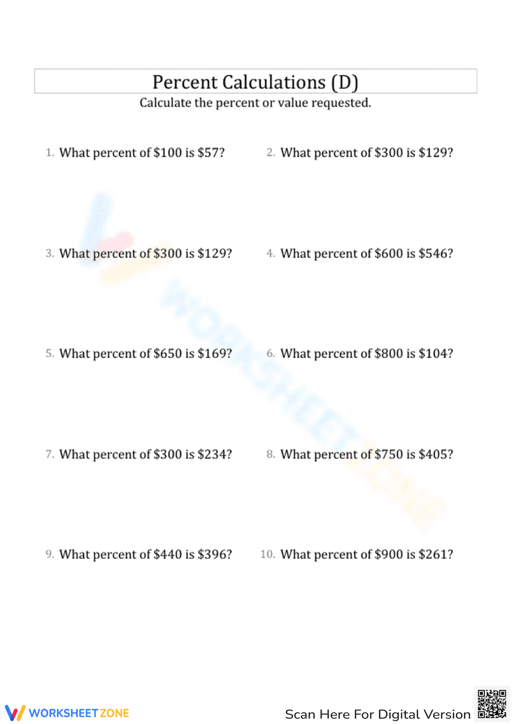Practice Percents Calculations for Students - Page 1