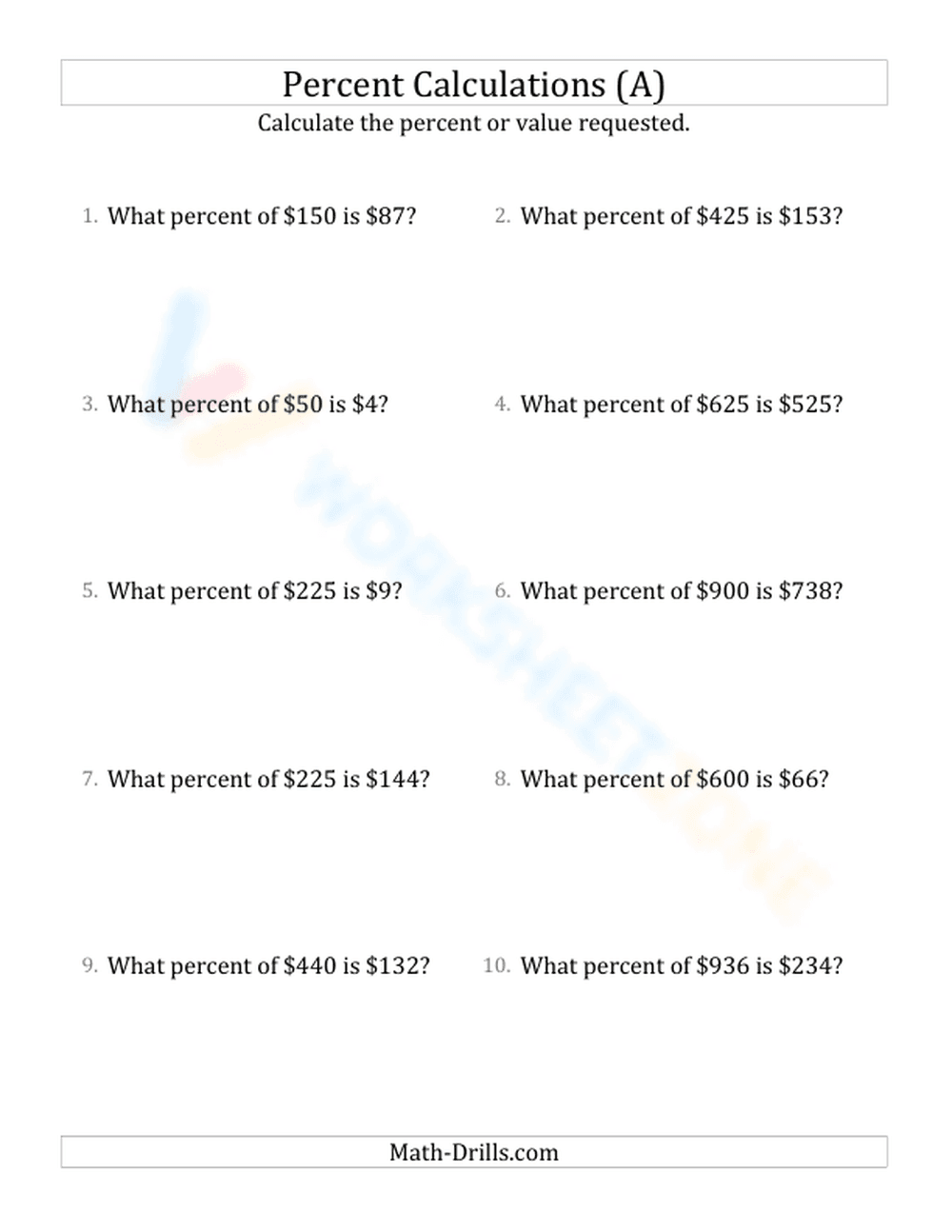 Calculate the percent rate involving regular currency and whole numbers (1) - Page 1