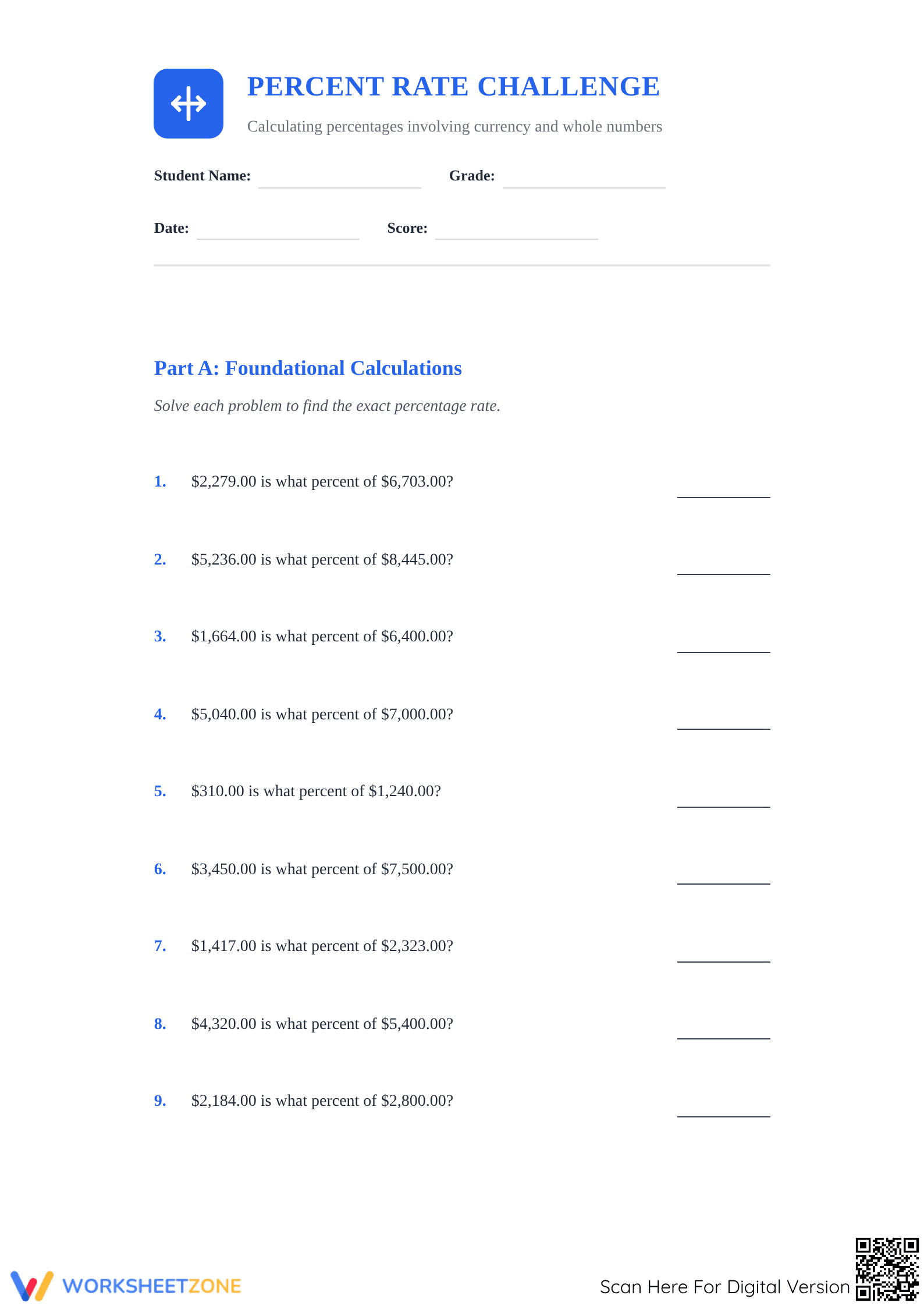 Essential Percent Rate Worksheet | Grade 6 Math - Page 1
