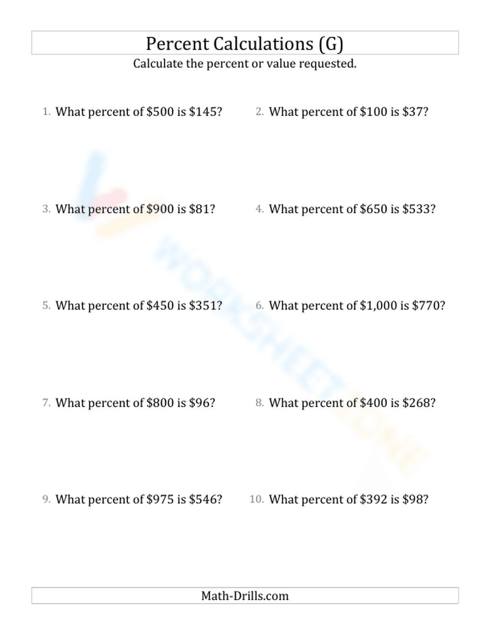 Calculate the percent rate involving regular currency and whole numbers (7) - Page 1