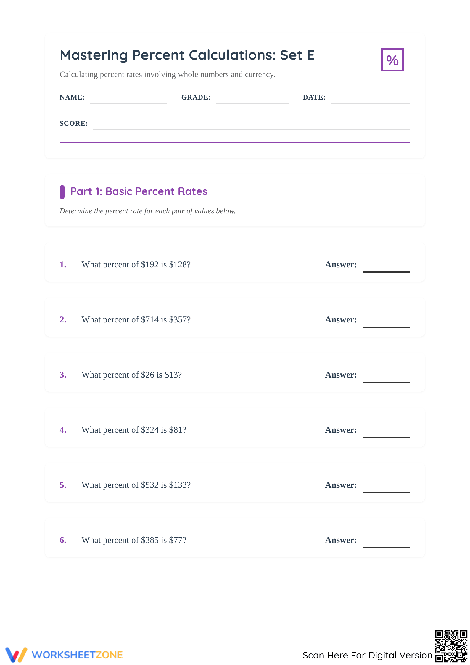 Grade 6 Percent Rate Worksheet — Printable No-Prep Packet - Page 1
