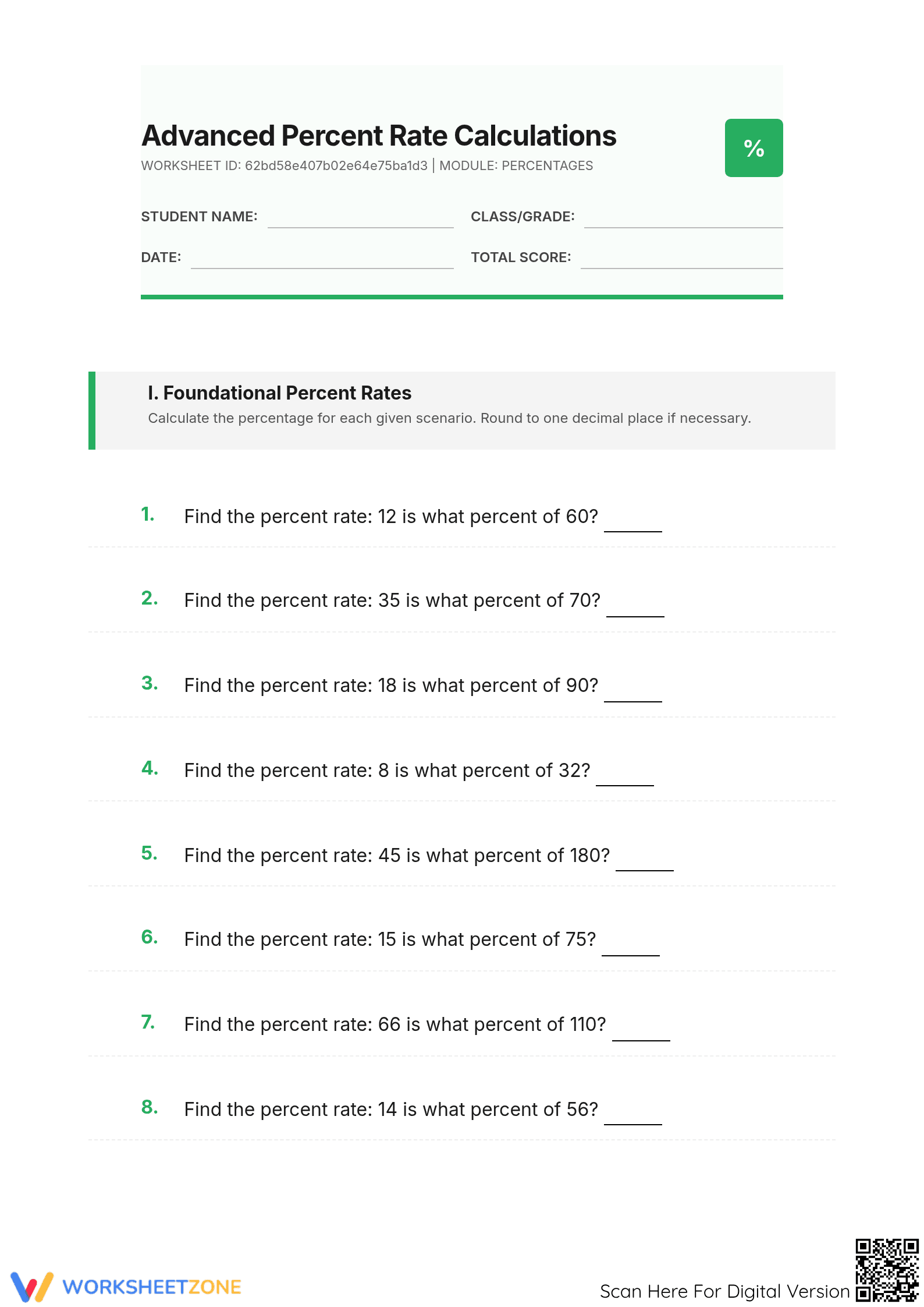 Grade 6 Math Worksheet: Percent Rates — Essential - Page 1