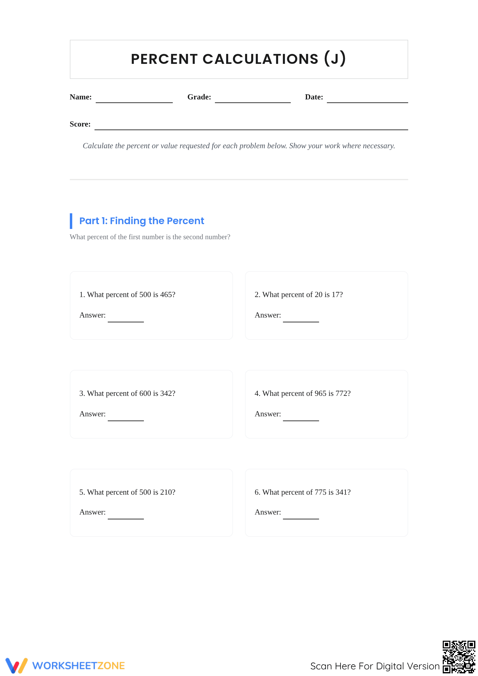 Essential Percent Calculations Worksheet | Grades 4-8 Math - Page 1