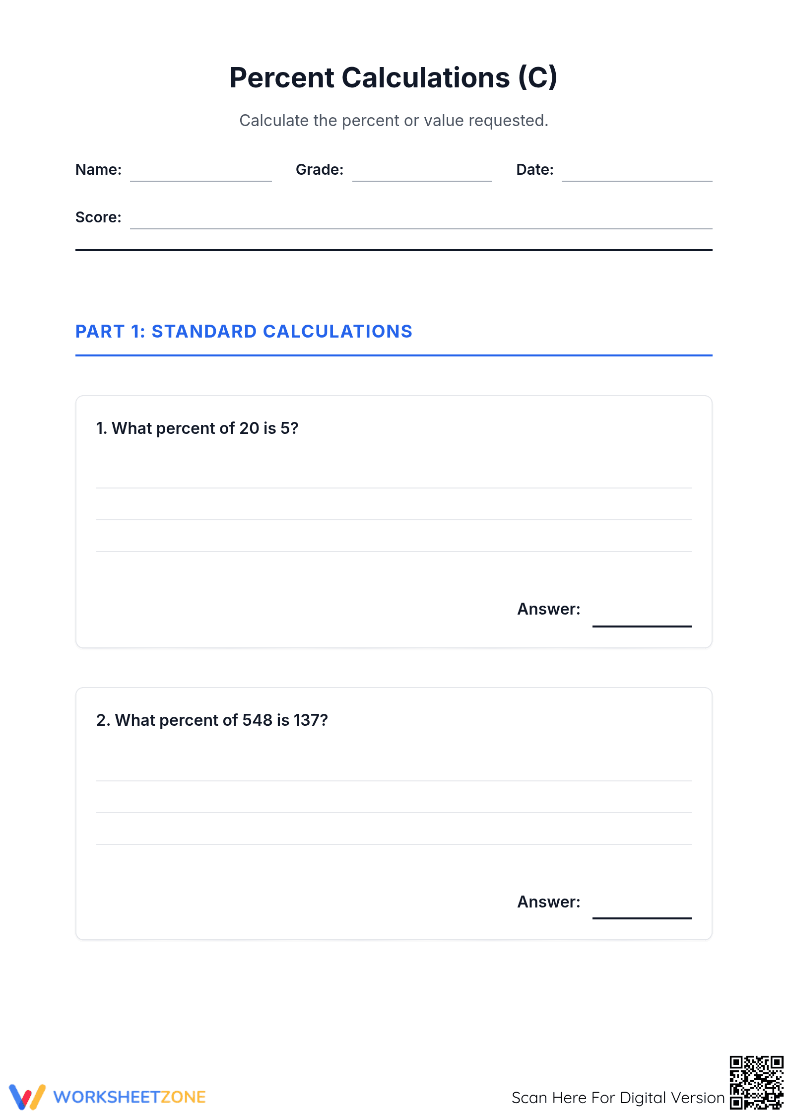 Printable Percent Calculation Worksheet | Grade 6-7 Math - Page 1