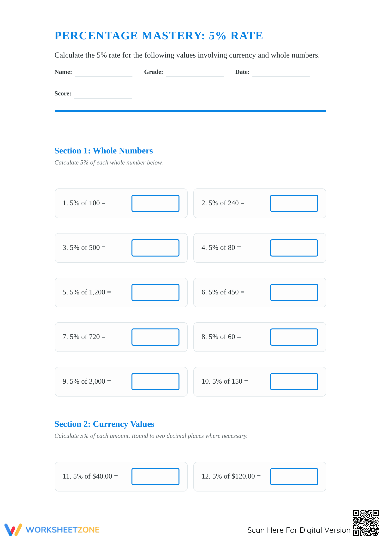 Essential 5% Percentage Rate Worksheet | Grades 4-8 Math - Page 1