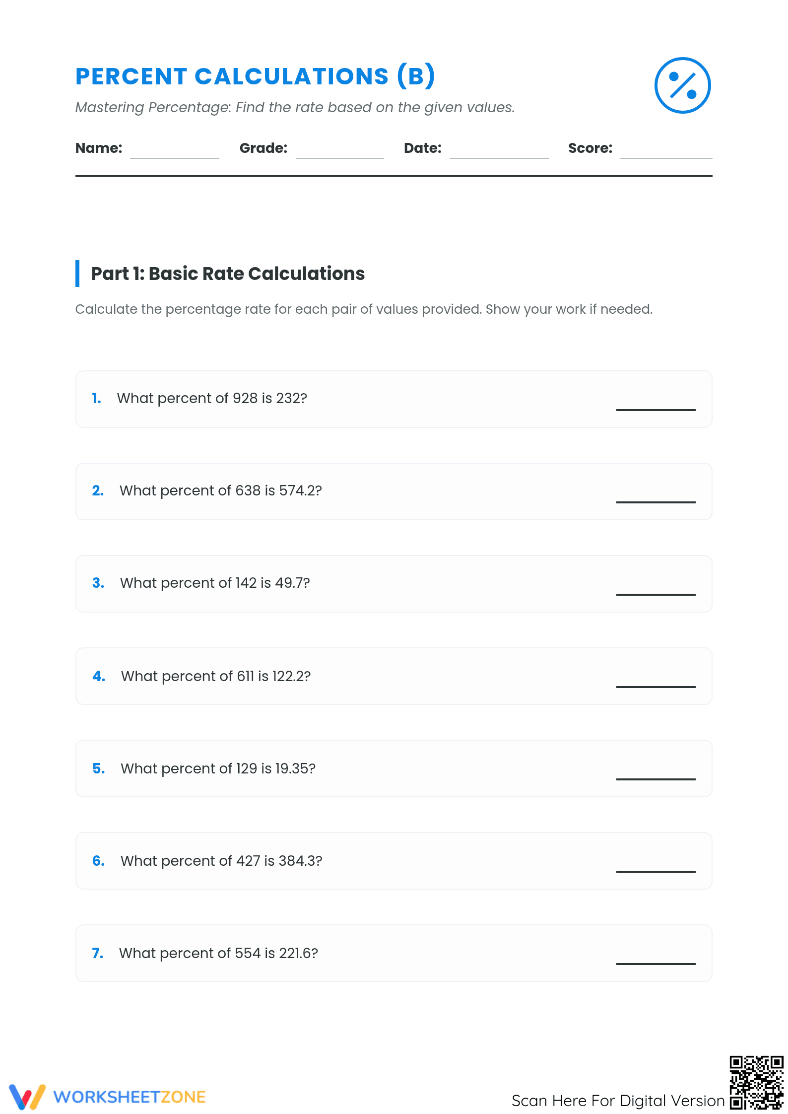 Grade 6-8 Percent Rate — Printable Essential Worksheet - Page 1
