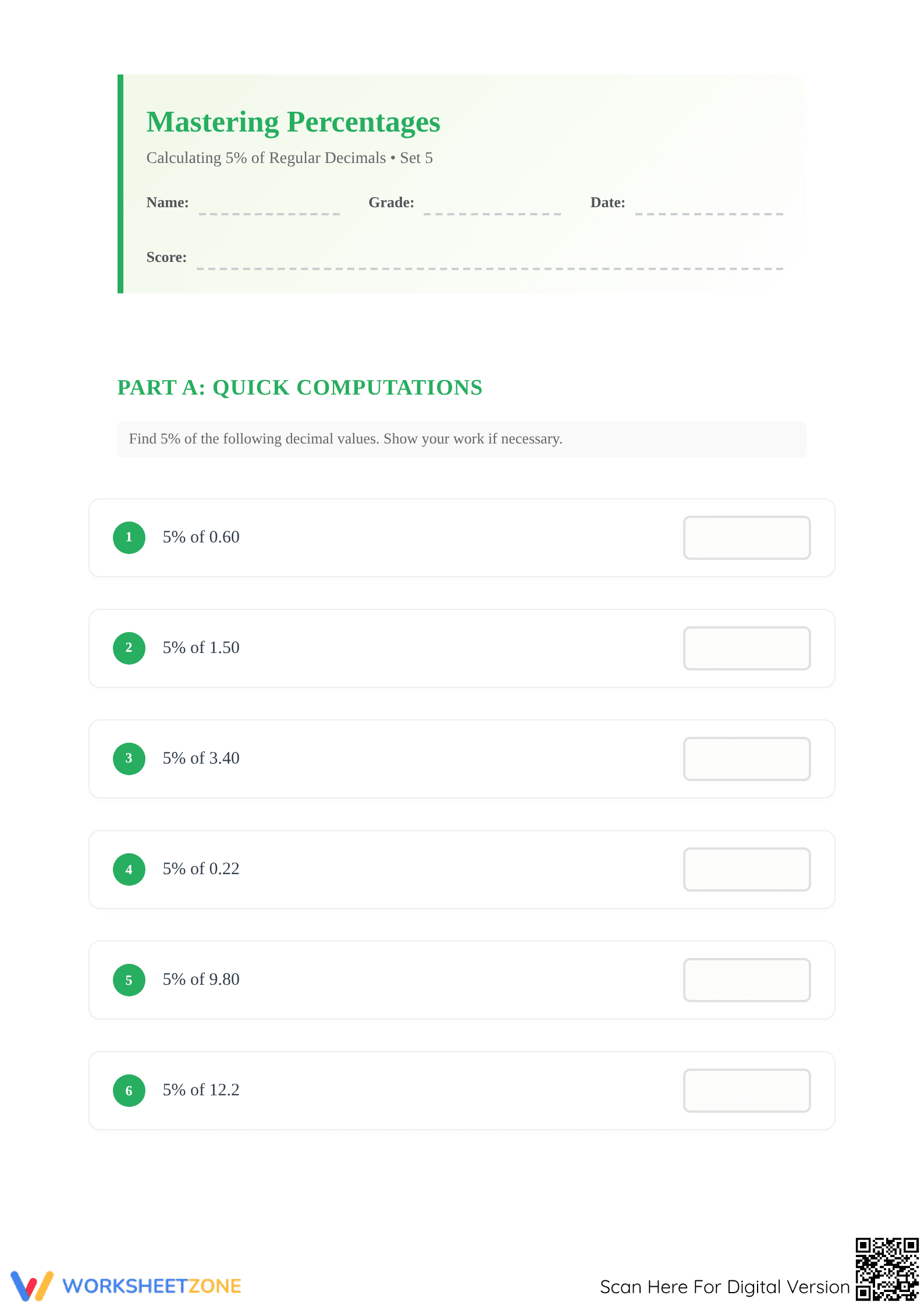Calculate 5% of Decimals Worksheet | Essential Grade 6 Math - Page 1