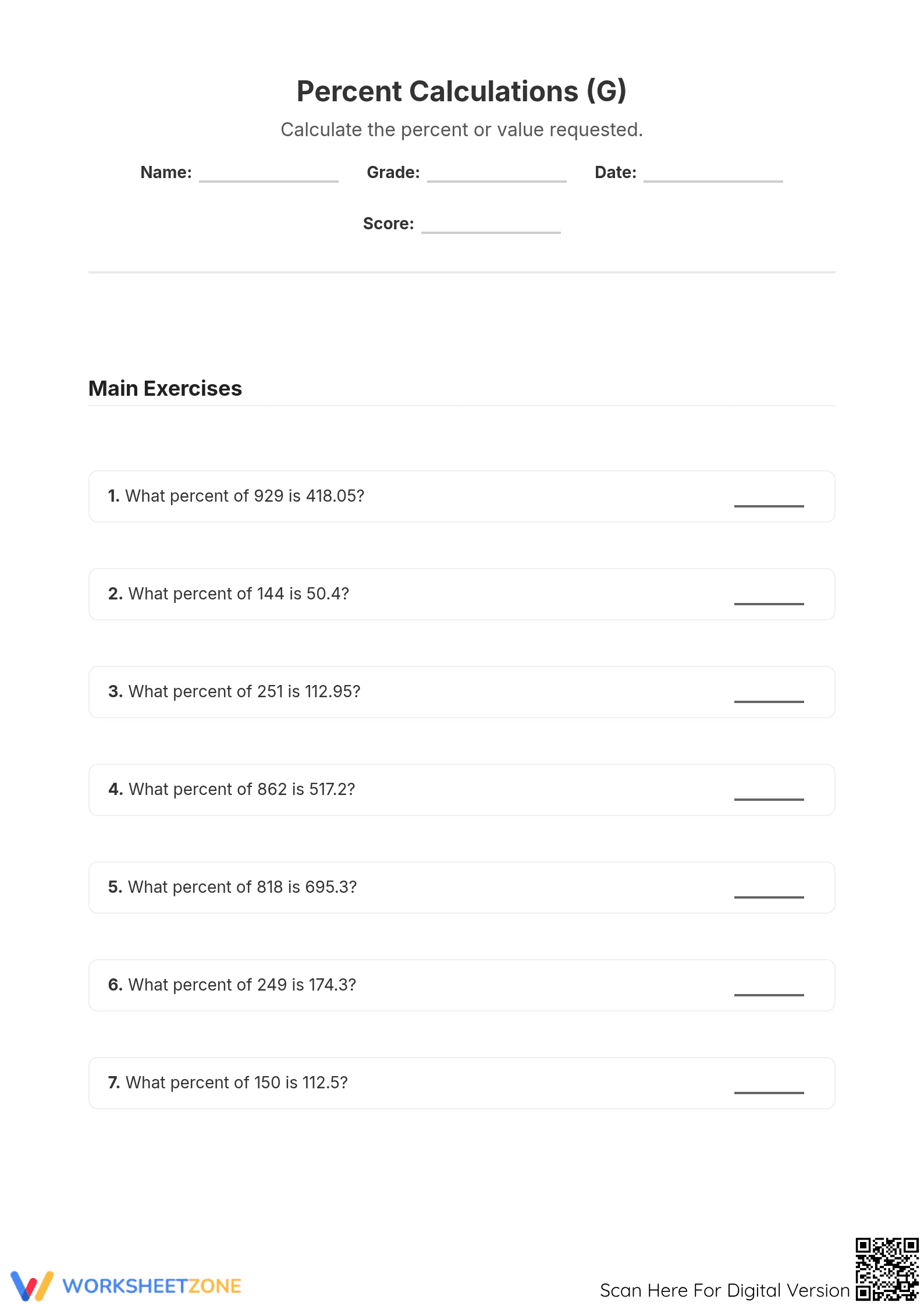 Essential Calculating Percent Rate Worksheet | Grade 6 Math - Page 1