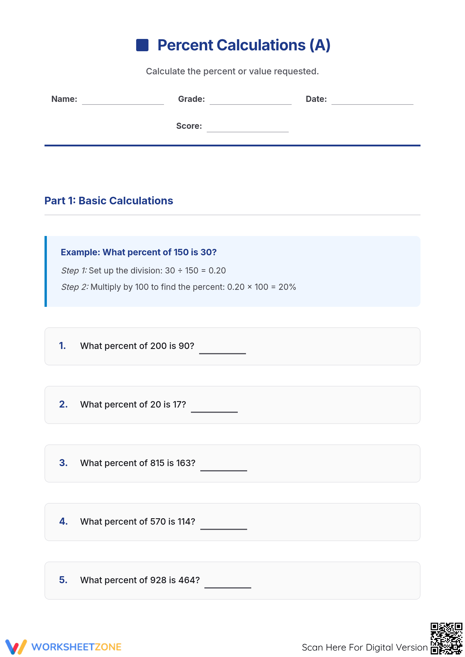 Printable Percent Calculation Worksheet | Grade 6 Math - Page 1