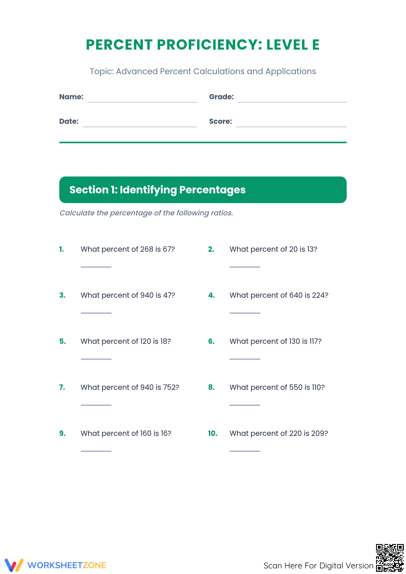 Advanced Percent Calculations Worksheet | Grade 7 Essential - Page 1