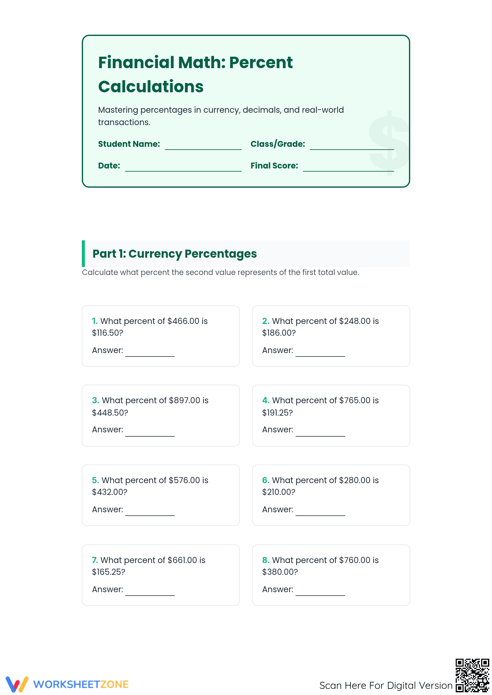 Essential 7.RP.A.3 Financial Math Worksheet | Grade 7 Ready - Page 1