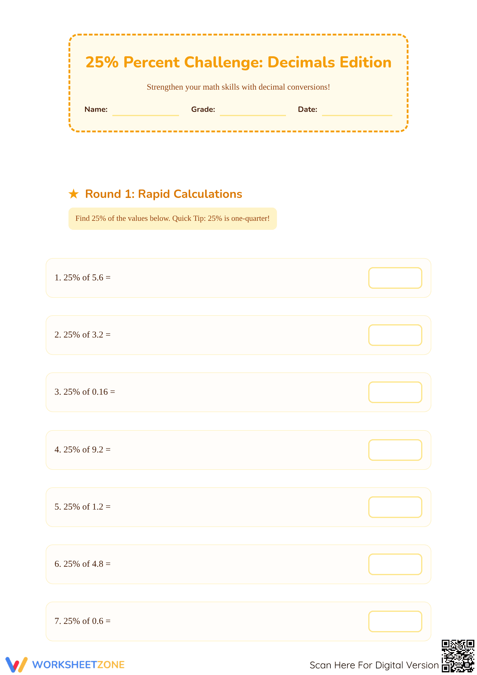 25% Percent of Decimals Worksheet | Essential Grade 6 Math - Page 1