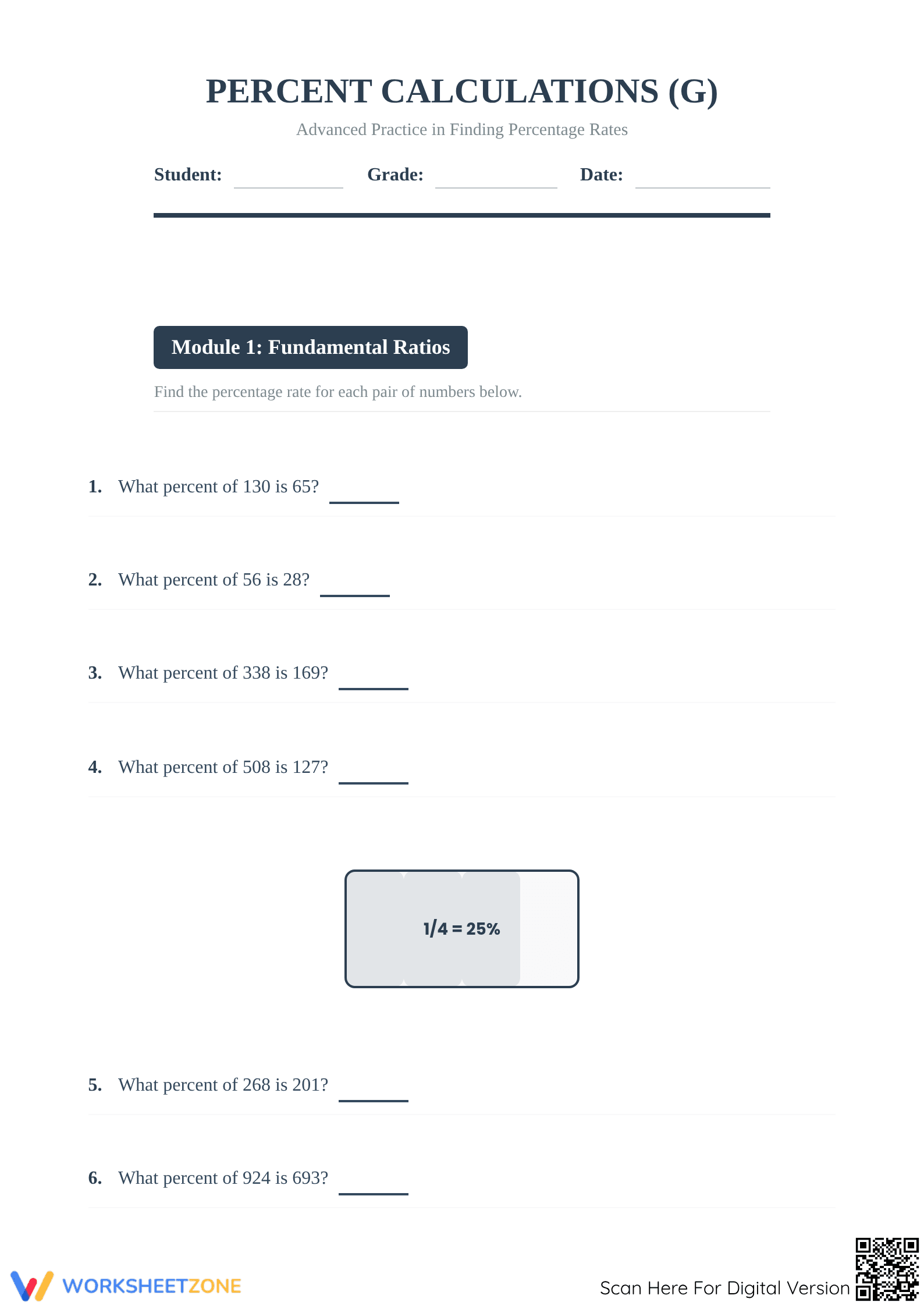 Essential Percent Rates Worksheet | Grade 6-8 Math - Page 1