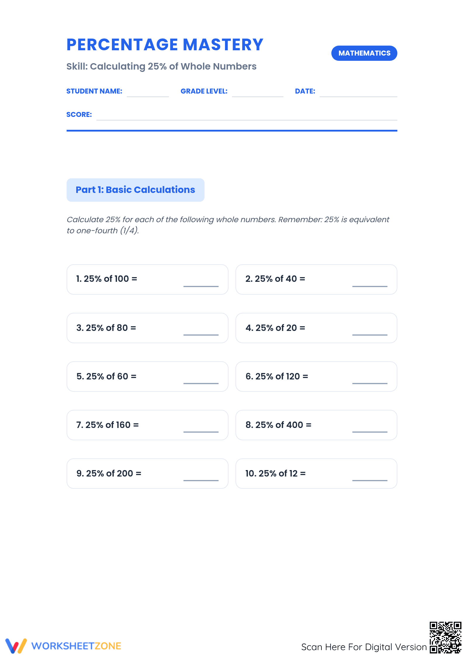 Calculate 25 Percent of Whole Numbers | Essential Math - Page 1