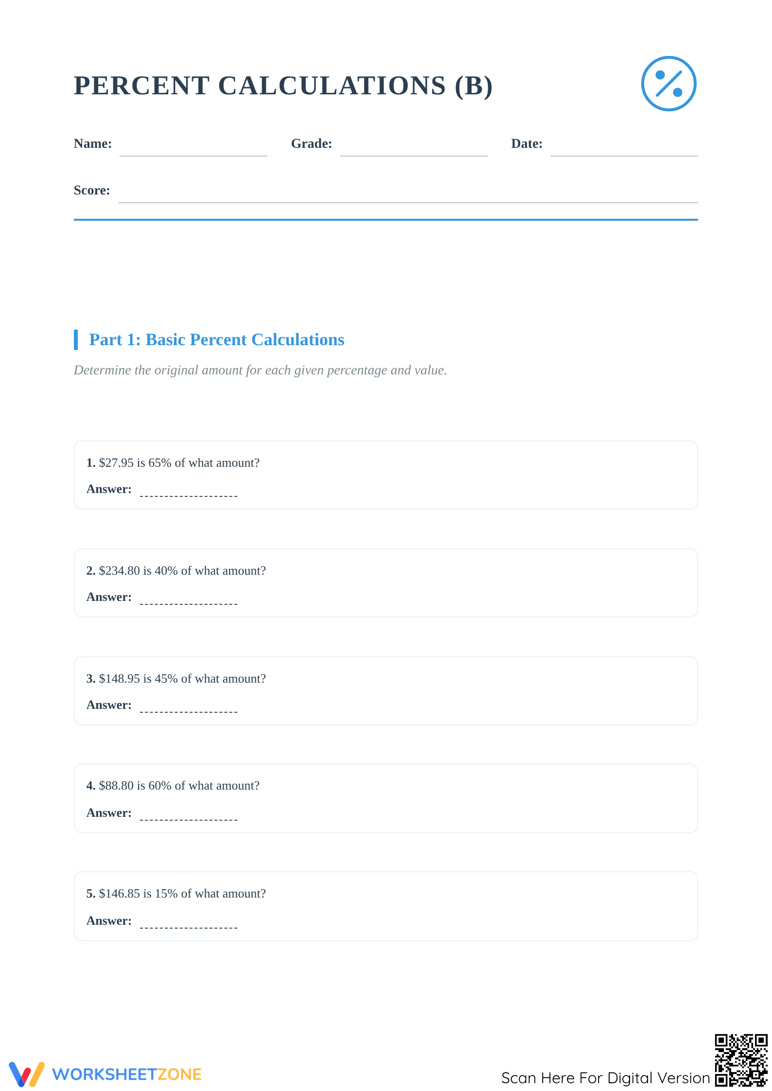 Printable Base Percent Calculation Worksheet | Grades 6-8 - Page 1