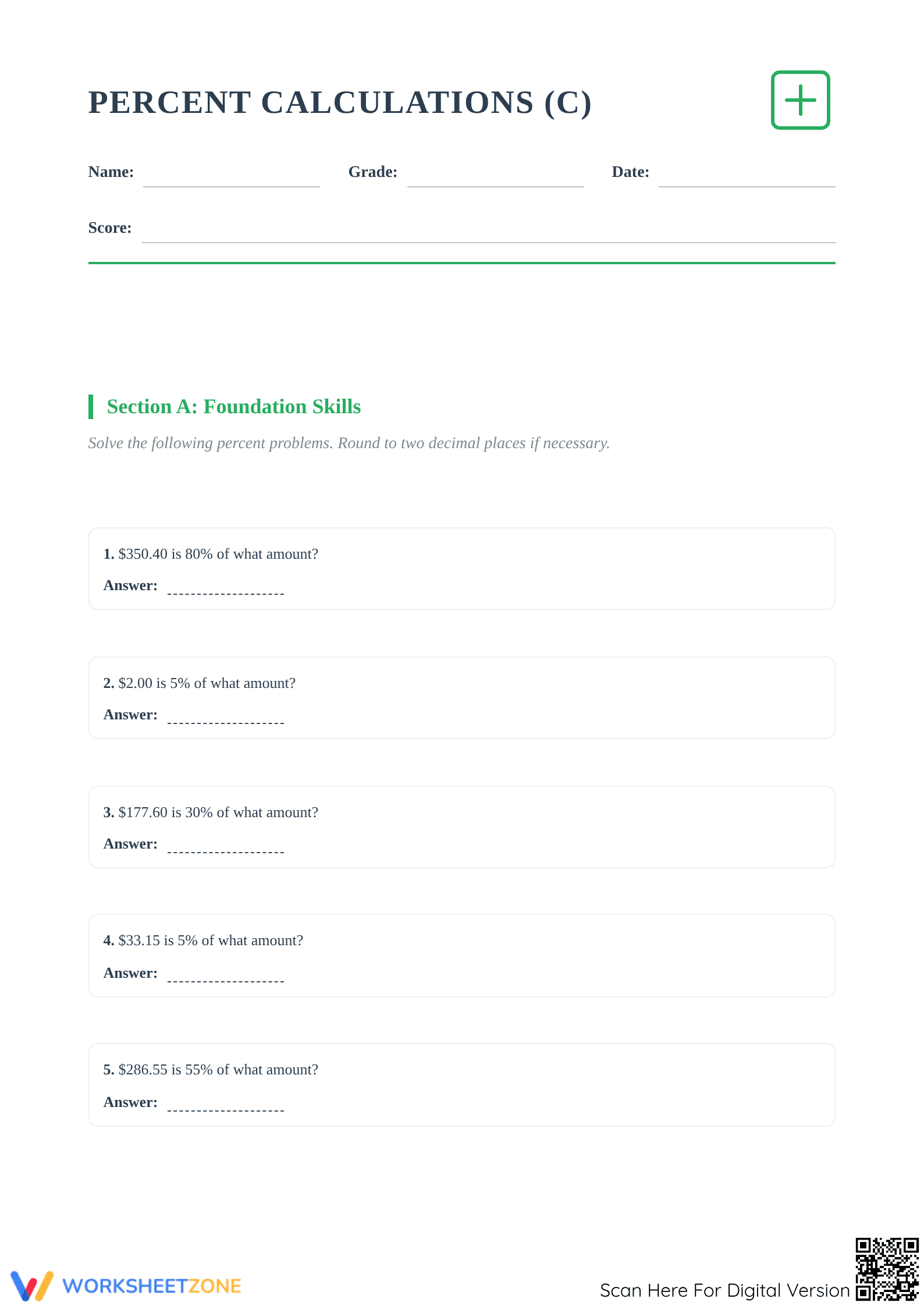 Printable Percentage Mastery: Calculate Original Amounts - Page 1