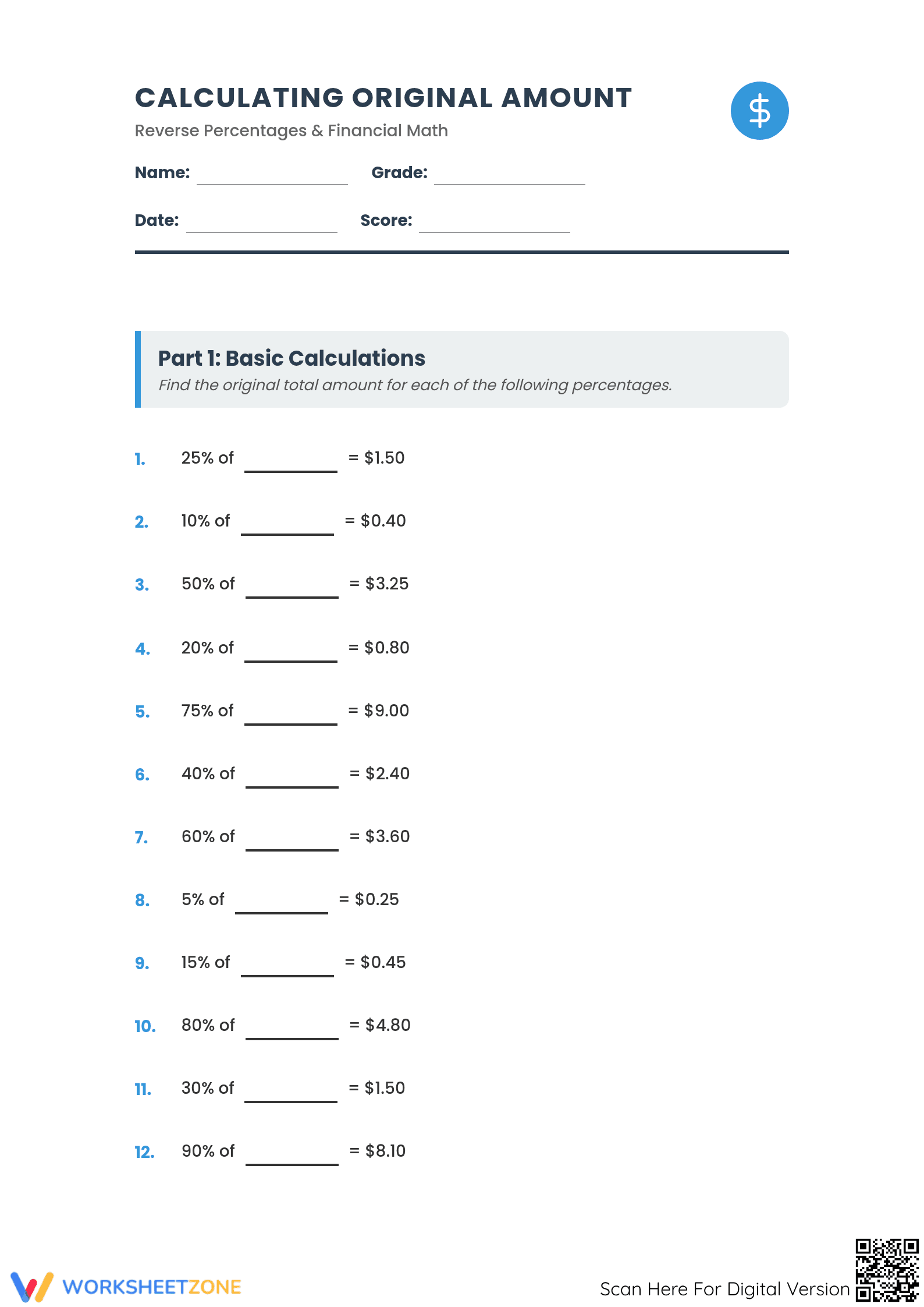 Essential Reverse Percentage Worksheet | Grade 6-7 Math - Page 1