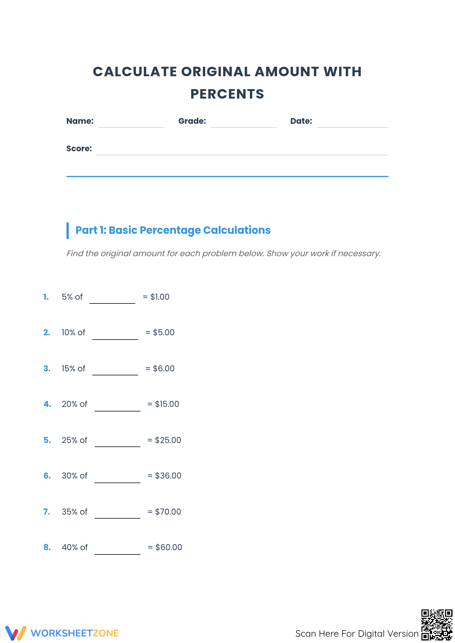 Printable Reverse Percentages Practice | Grades 6-8 Math - Page 1