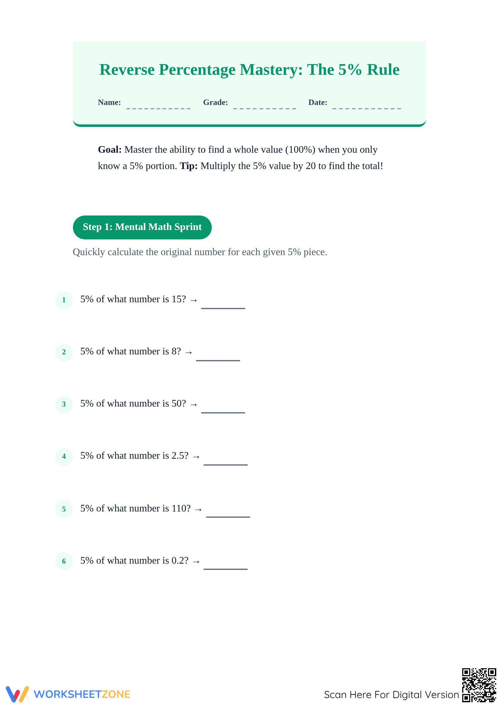Printable Reverse Percentage Mastery: The 5% Rule Worksheet - Page 1
