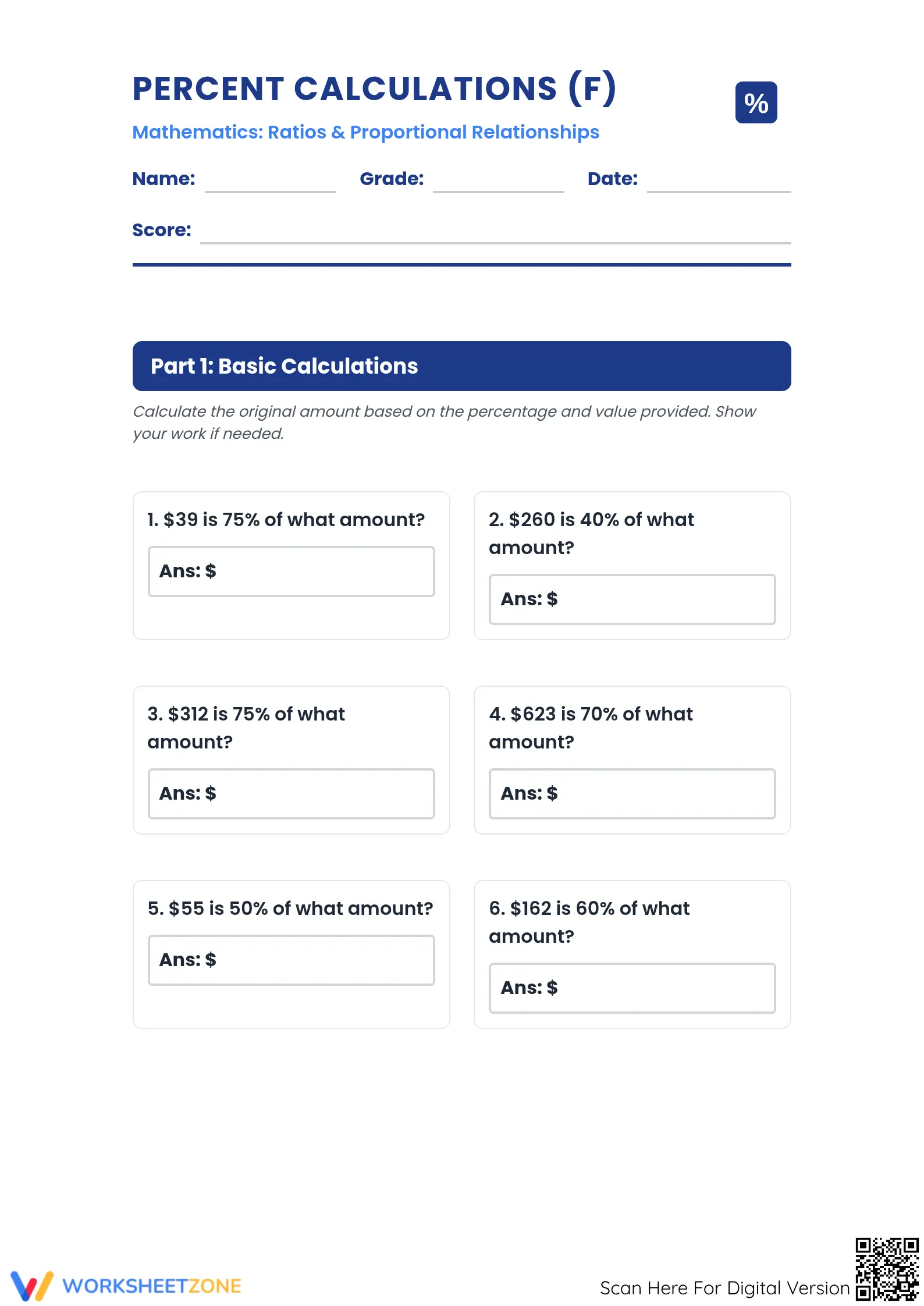 Essential 6.RP.A.3.c Worksheet: Calculate Original Amount - Page 1