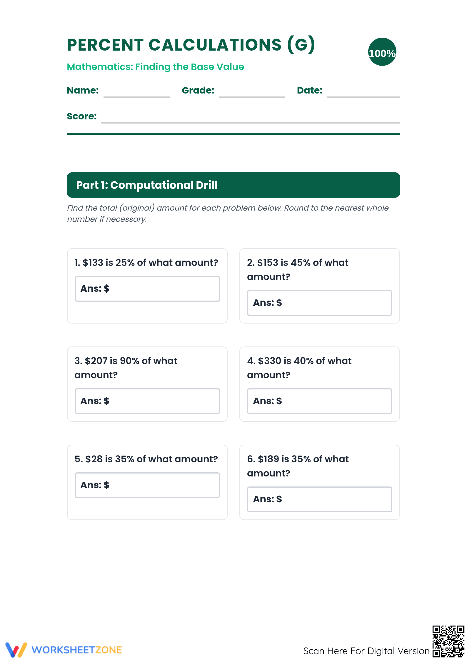 Essential Grade 6-7 Percent Worksheet: Finding Base Value - Page 1