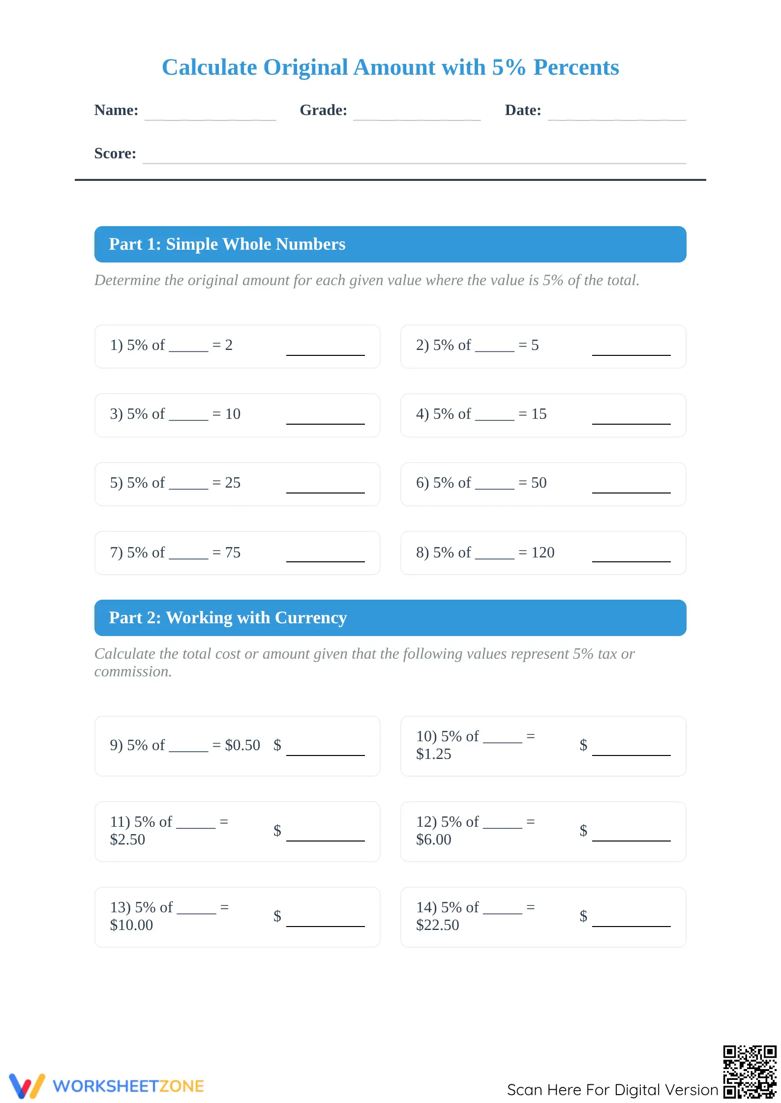 Calculate Original Amount (5%) Printable Worksheet | Grade 6 - Page 1