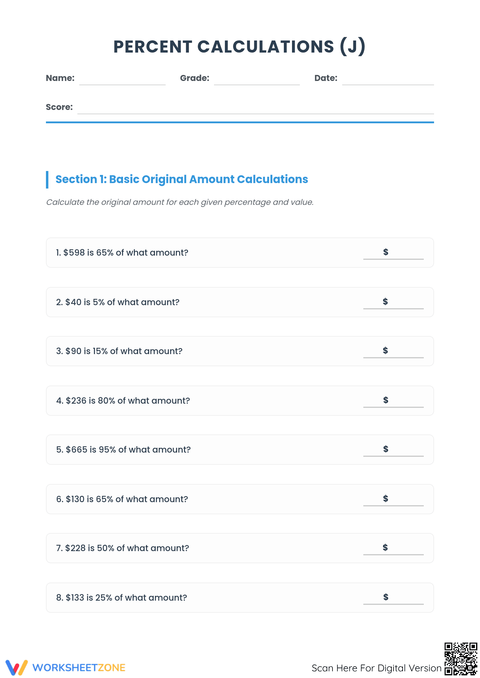 Printable Percent Worksheet: Finding Original Amount - Page 1