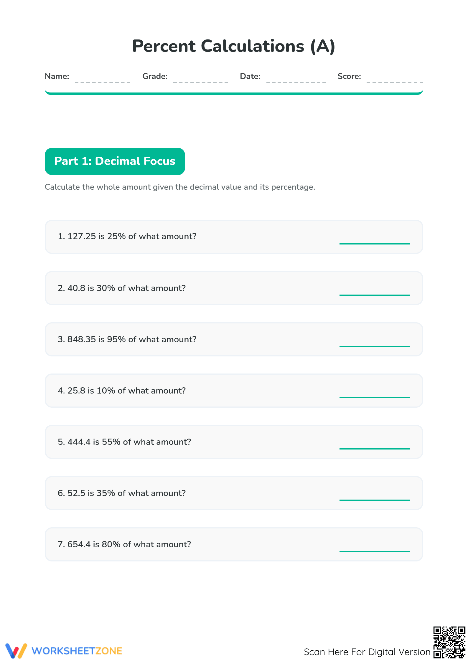 Essential Finding the Whole Percentage Worksheet | Grade 6-8 - Page 1
