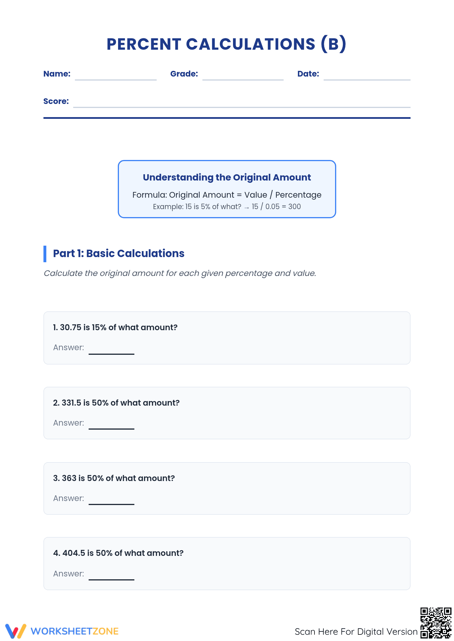 Printable Worksheet: Calculating Original Amount | Grade 6 Math - Page 1